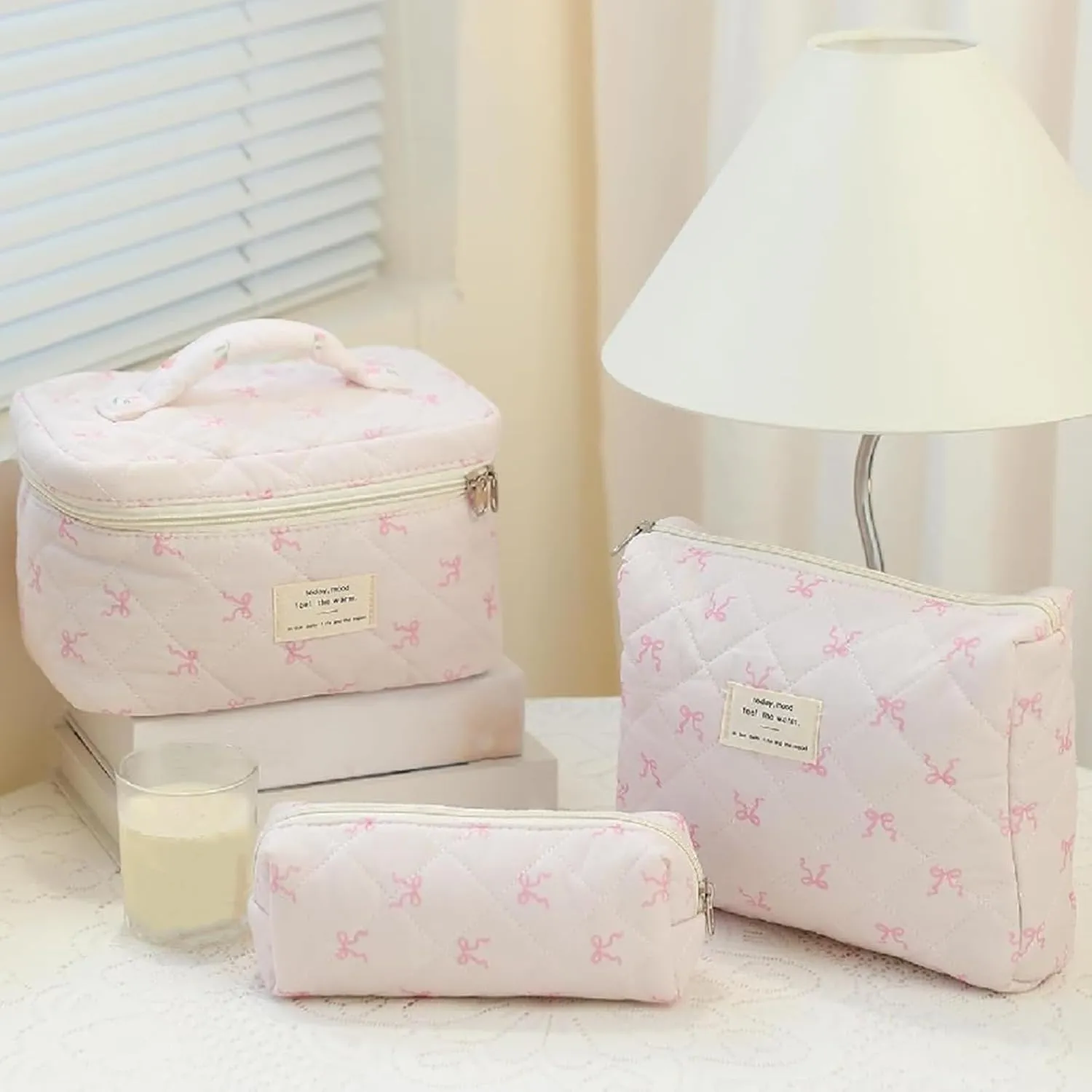 3 Pcs Quilted Makeup Bag Set, Bow, Coquette, Floral - Large Toiletry Cosmetic Organizer for Women & Girls (I-3PCS)