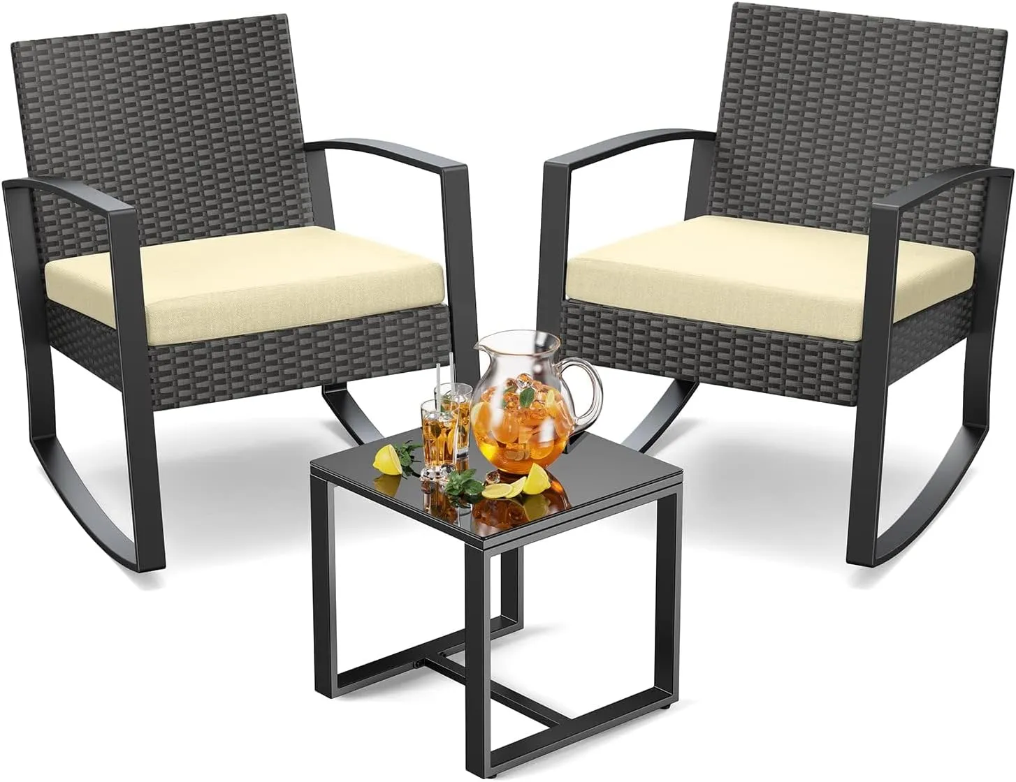 3 Peices Patio Furniture Set Outdoor Wicker Patio Set, Patio Chairs Conversation Set with Coffee Table for Balcony Porch Garden Yard Poolside (Beige)