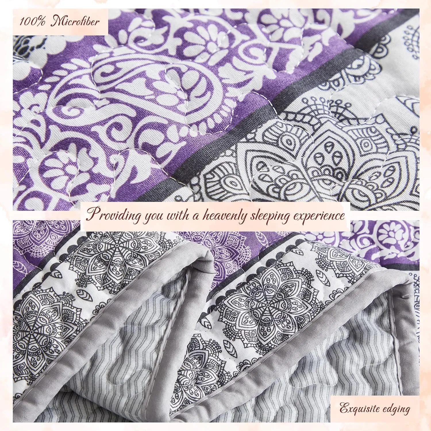 3 Pieces Colorful Bohemian Quilt Set Full Queen Size, Purple n Grey Boho Striped Printed Bedding Bedspread Coverlet Set for Summer, Soft Lightweight Microfiber Quilt with 2 Shams (88x88 inces)