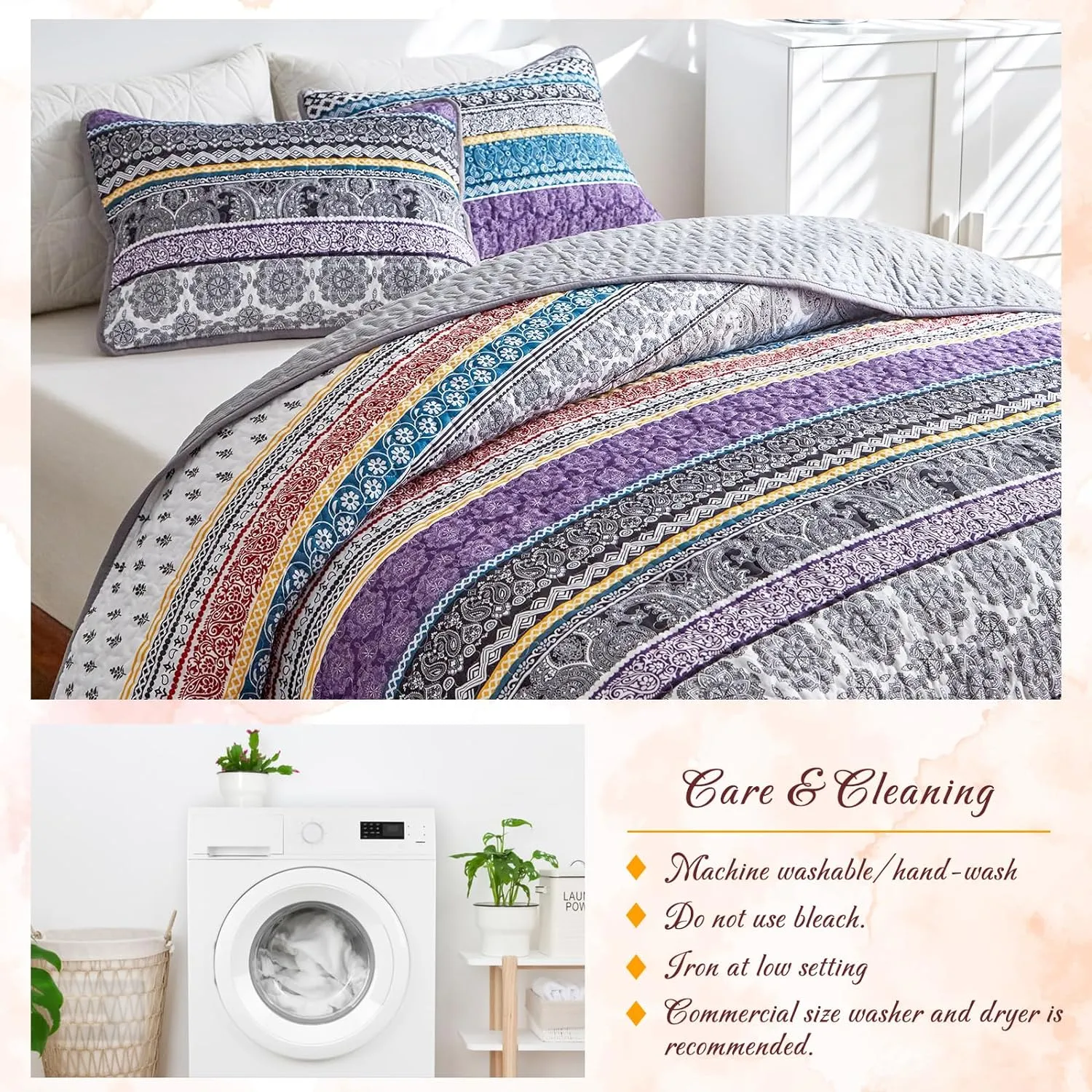 3 Pieces Colorful Bohemian Quilt Set Full Queen Size, Purple n Grey Boho Striped Printed Bedding Bedspread Coverlet Set for Summer, Soft Lightweight Microfiber Quilt with 2 Shams (88x88 inces)