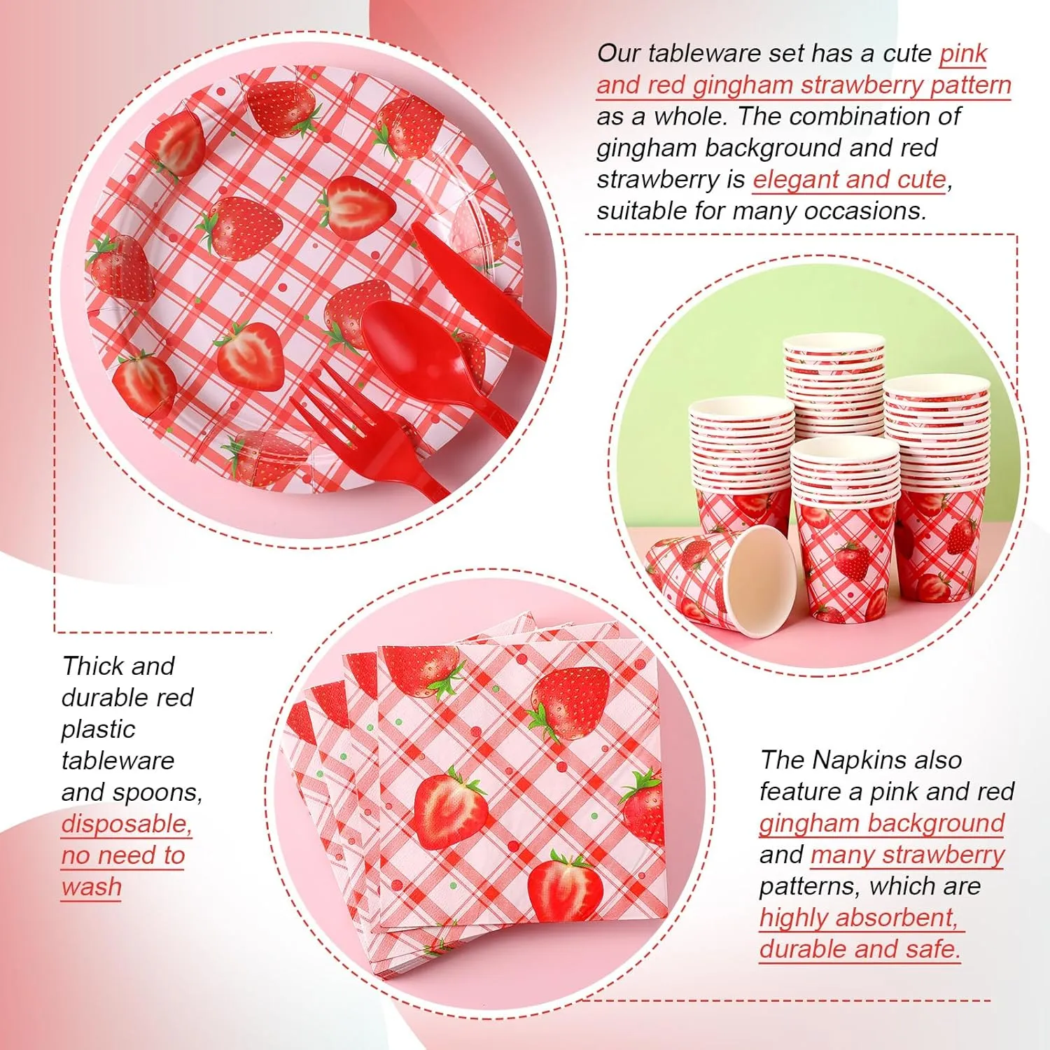 350 Pcs Strawberry Party Supplies Tableware Set Disposable 9'' 7'' Paper Plates 9 oz Cups Cutlery Napkins Dinnerware Set for 1st Birthday, Serve 50 (Gingham Strawberry, Red, Pink)