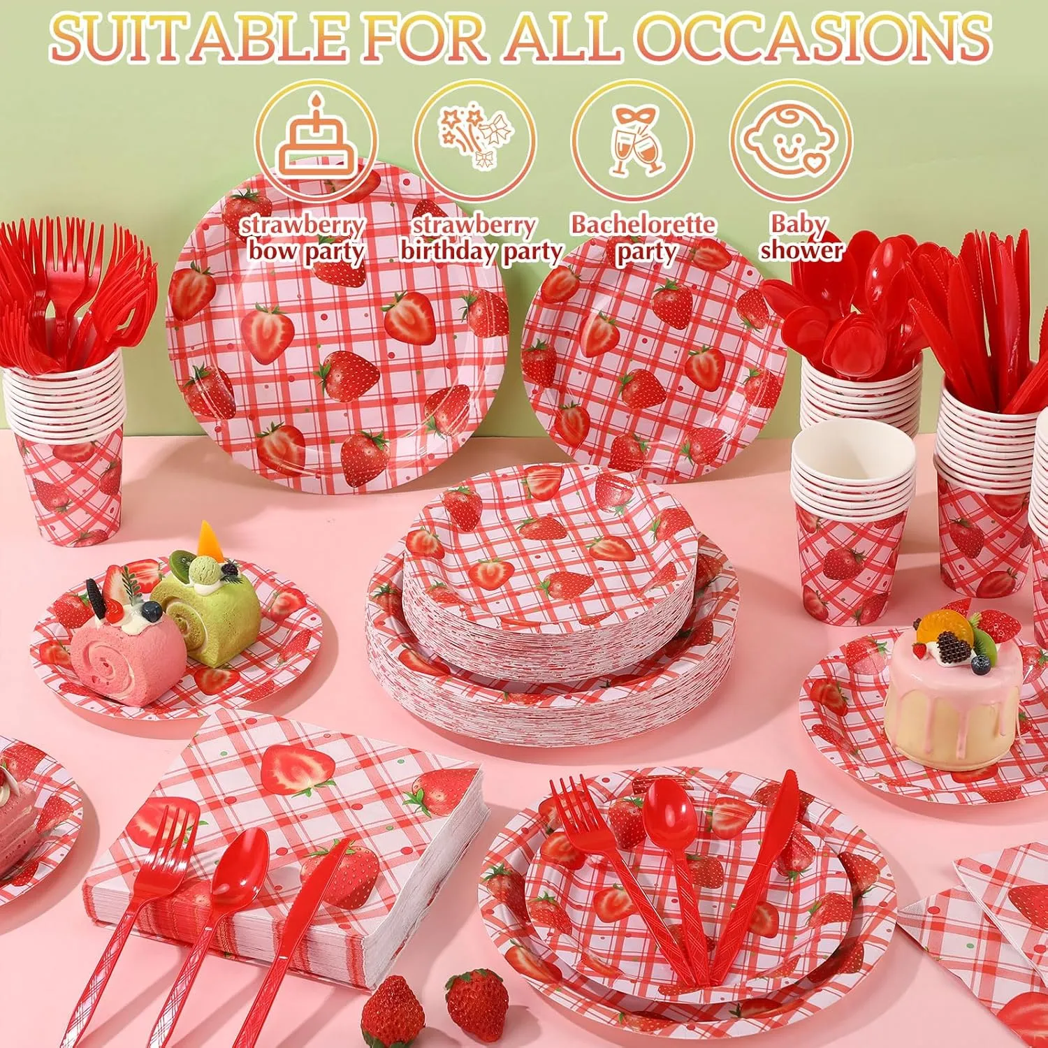 350 Pcs Strawberry Party Supplies Tableware Set Disposable 9'' 7'' Paper Plates 9 oz Cups Cutlery Napkins Dinnerware Set for 1st Birthday, Serve 50 (Gingham Strawberry, Red, Pink)