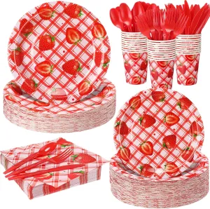 350 Pcs Strawberry Party Supplies Tableware Set Disposable 9'' 7'' Paper Plates 9 oz Cups Cutlery Napkins Dinnerware Set for 1st Birthday, Serve 50 (Gingham Strawberry, Red, Pink)