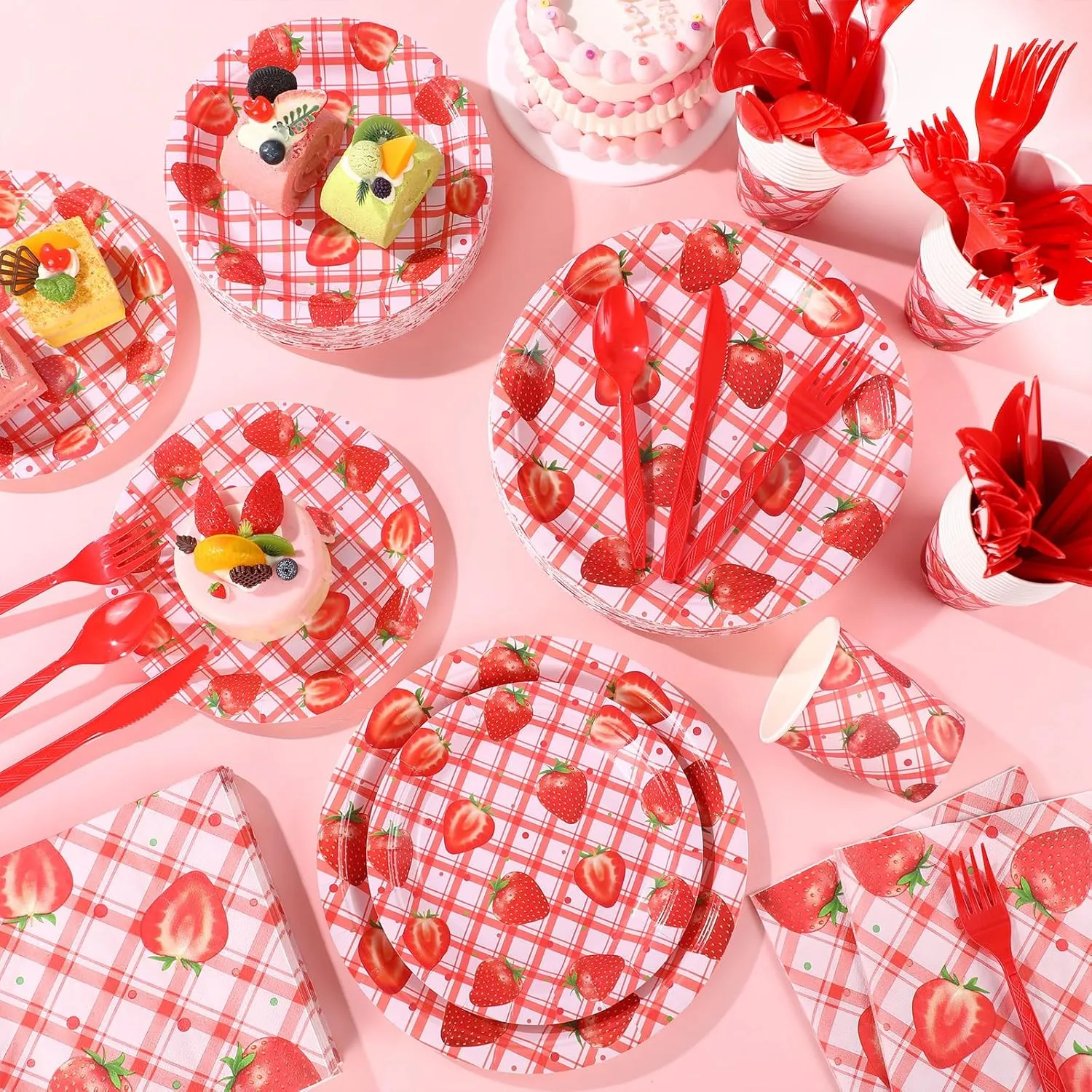 350 Pcs Strawberry Party Supplies Tableware Set Disposable 9'' 7'' Paper Plates 9 oz Cups Cutlery Napkins Dinnerware Set for 1st Birthday, Serve 50 (Gingham Strawberry, Red, Pink)