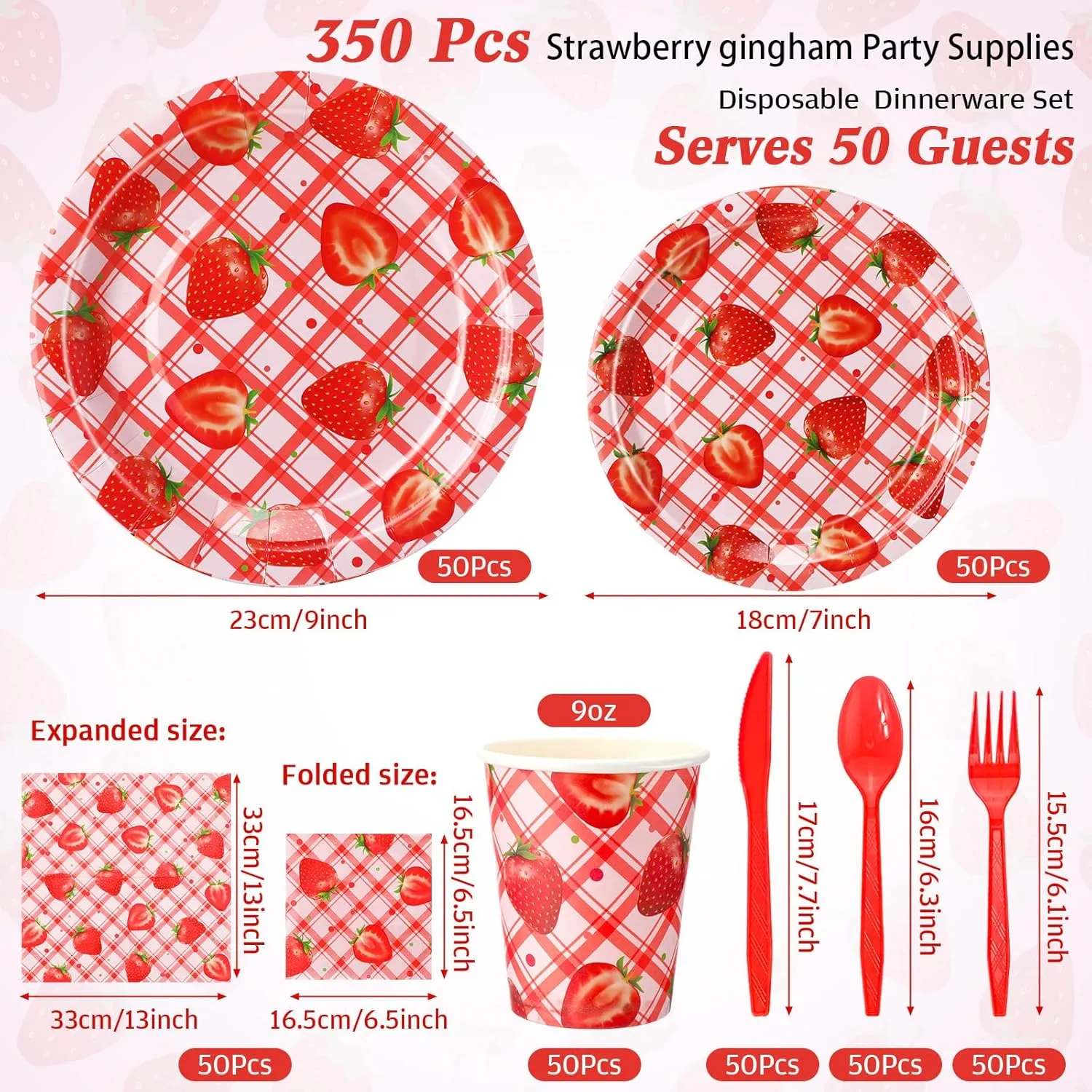 350 Pcs Strawberry Party Supplies Tableware Set Disposable 9'' 7'' Paper Plates 9 oz Cups Cutlery Napkins Dinnerware Set for 1st Birthday, Serve 50 (Gingham Strawberry, Red, Pink)