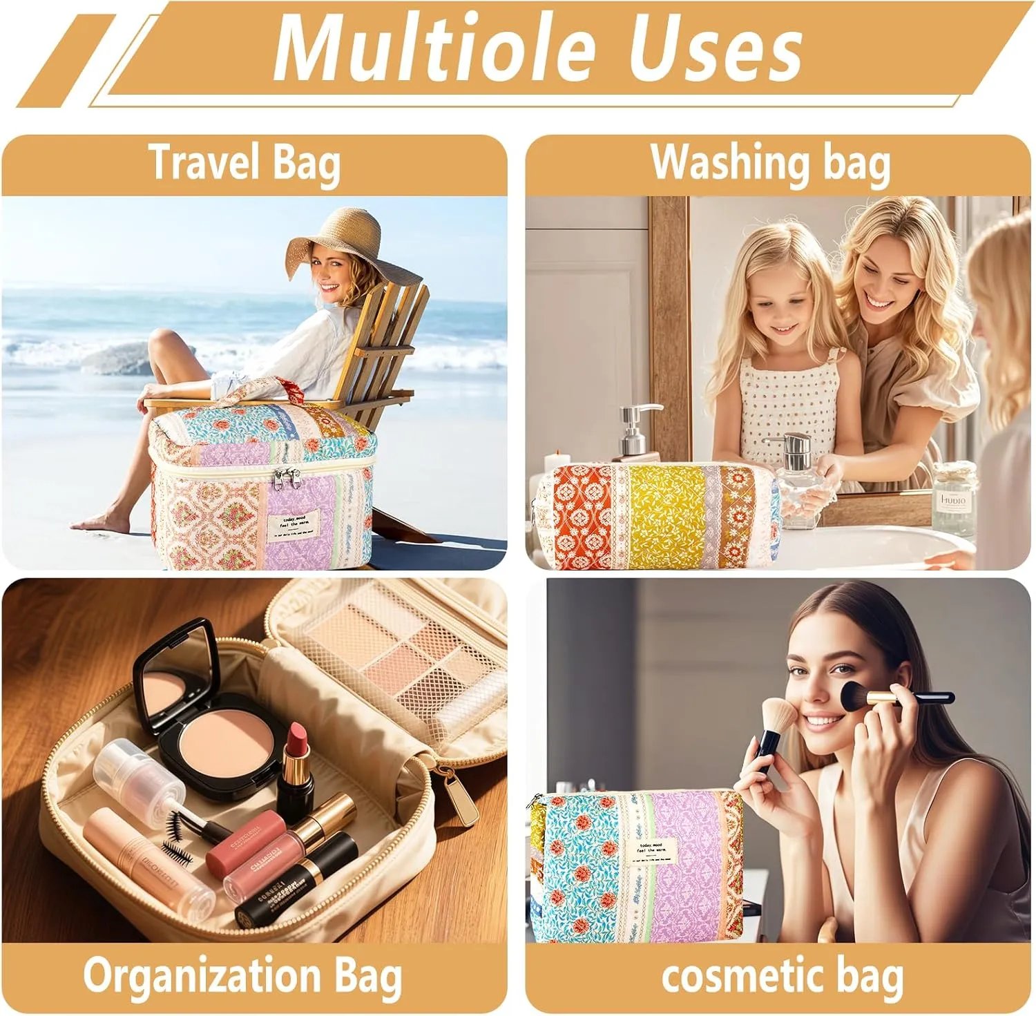 3Pc Cotton Quilted Makeup Bags for Women Large Small Coquette Floral Travel Cosmetic Bag Set Aesthetic Cute Flower Makeup Pouch Portable Toiletry Bag Puffy Essential Storage Organizer Bag