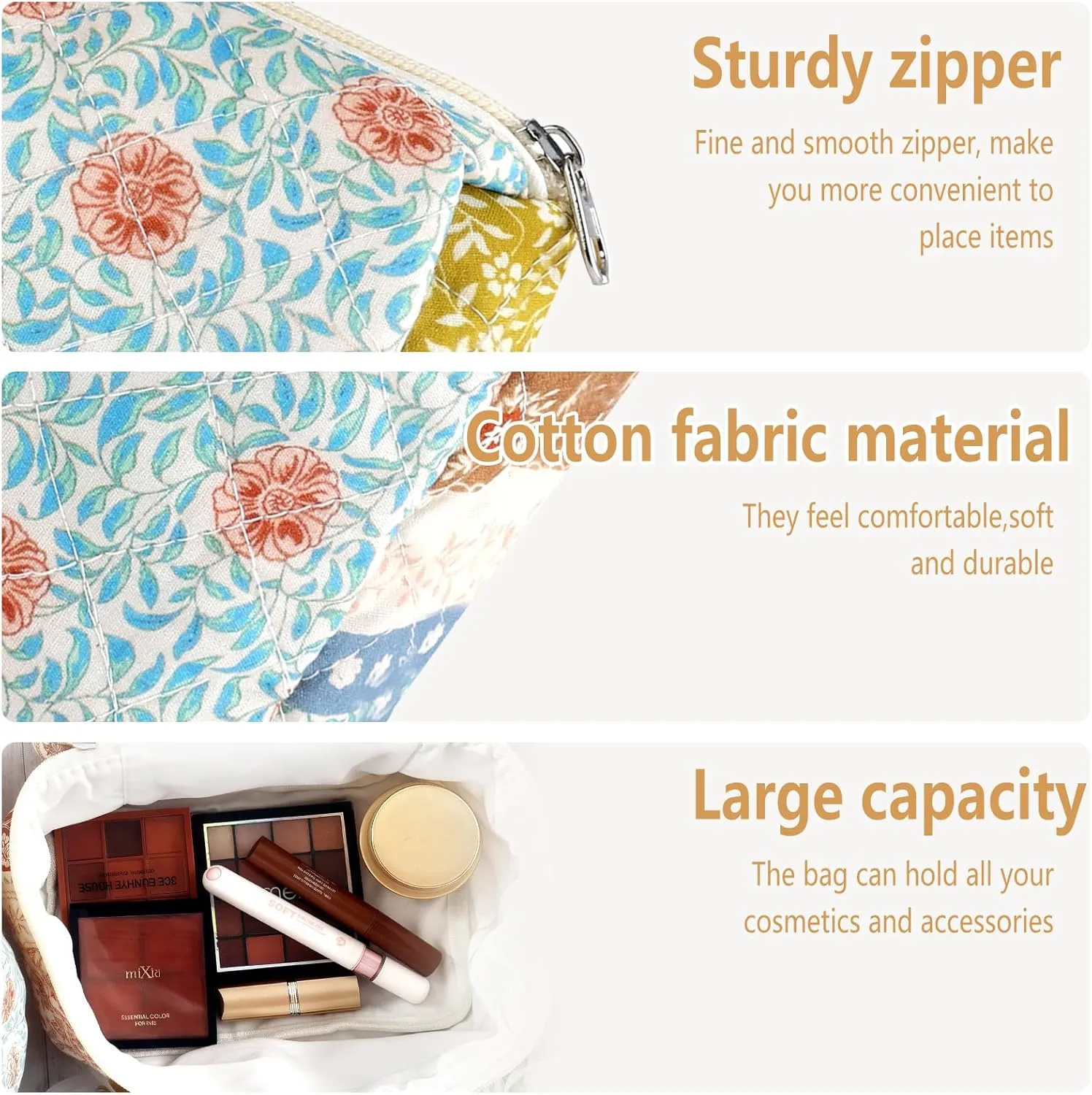 3Pc Cotton Quilted Makeup Bags for Women Large Small Coquette Floral Travel Cosmetic Bag Set Aesthetic Cute Flower Makeup Pouch Portable Toiletry Bag Puffy Essential Storage Organizer Bag
