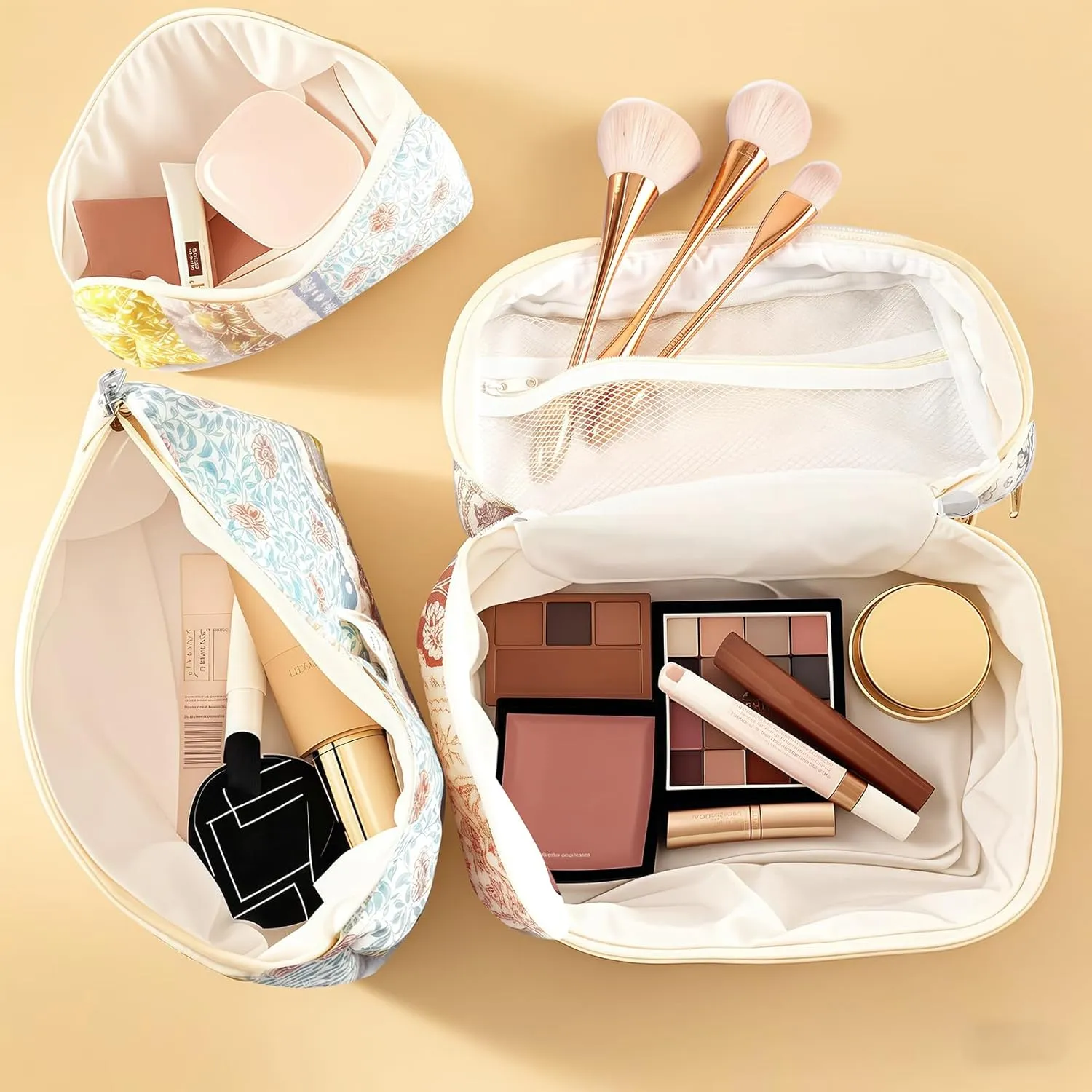 3Pc Cotton Quilted Makeup Bags for Women Large Small Coquette Floral Travel Cosmetic Bag Set Aesthetic Cute Flower Makeup Pouch Portable Toiletry Bag Puffy Essential Storage Organizer Bag