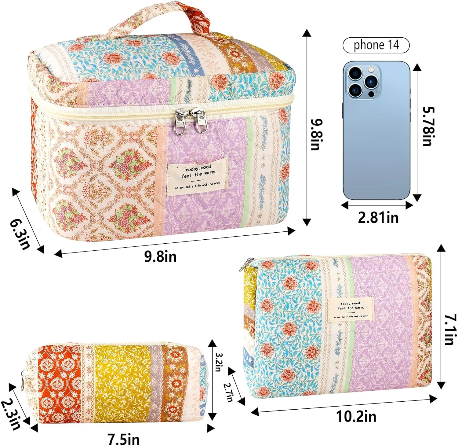 3Pc Cotton Quilted Makeup Bags for Women Large Small Coquette Floral Travel Cosmetic Bag Set Aesthetic Cute Flower Makeup Pouch Portable Toiletry Bag Puffy Essential Storage Organizer Bag