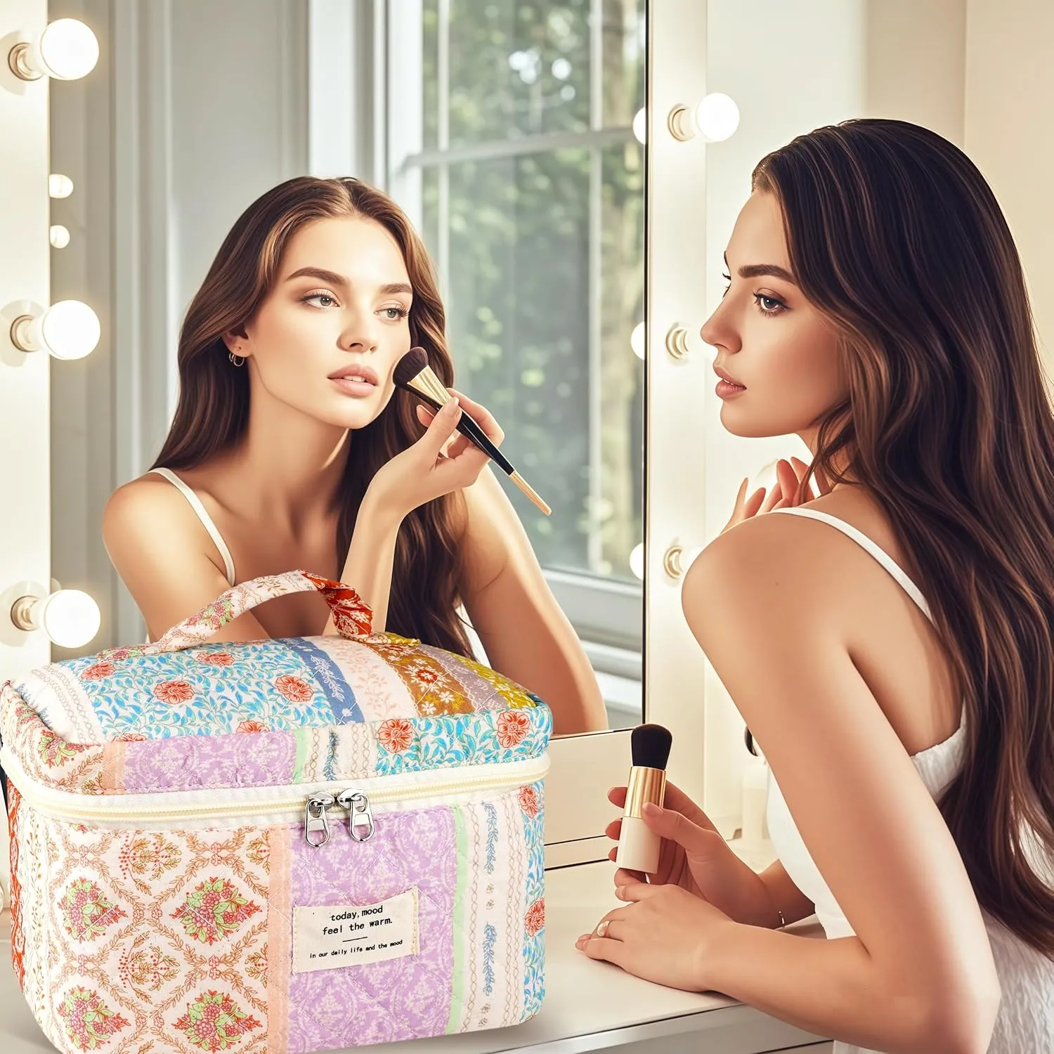 3Pc Cotton Quilted Makeup Bags for Women Large Small Coquette Floral Travel Cosmetic Bag Set Aesthetic Cute Flower Makeup Pouch Portable Toiletry Bag Puffy Essential Storage Organizer Bag