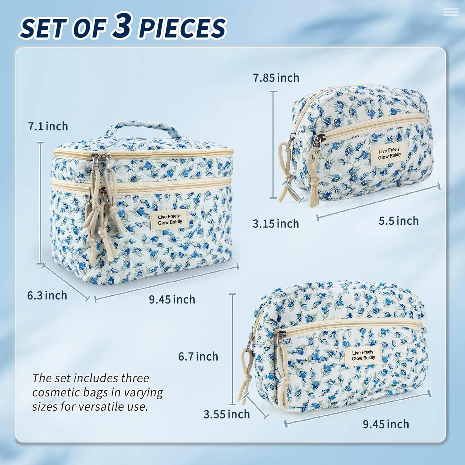 3Pcs Large Travel Quilted Makeup Bag, Double Layer Cute Floral Cotton Toiletry Bag, Aesthetic Flower Cosmetic Bag Coquette Skincare Organizer Bag for Women(Blue Tulip)