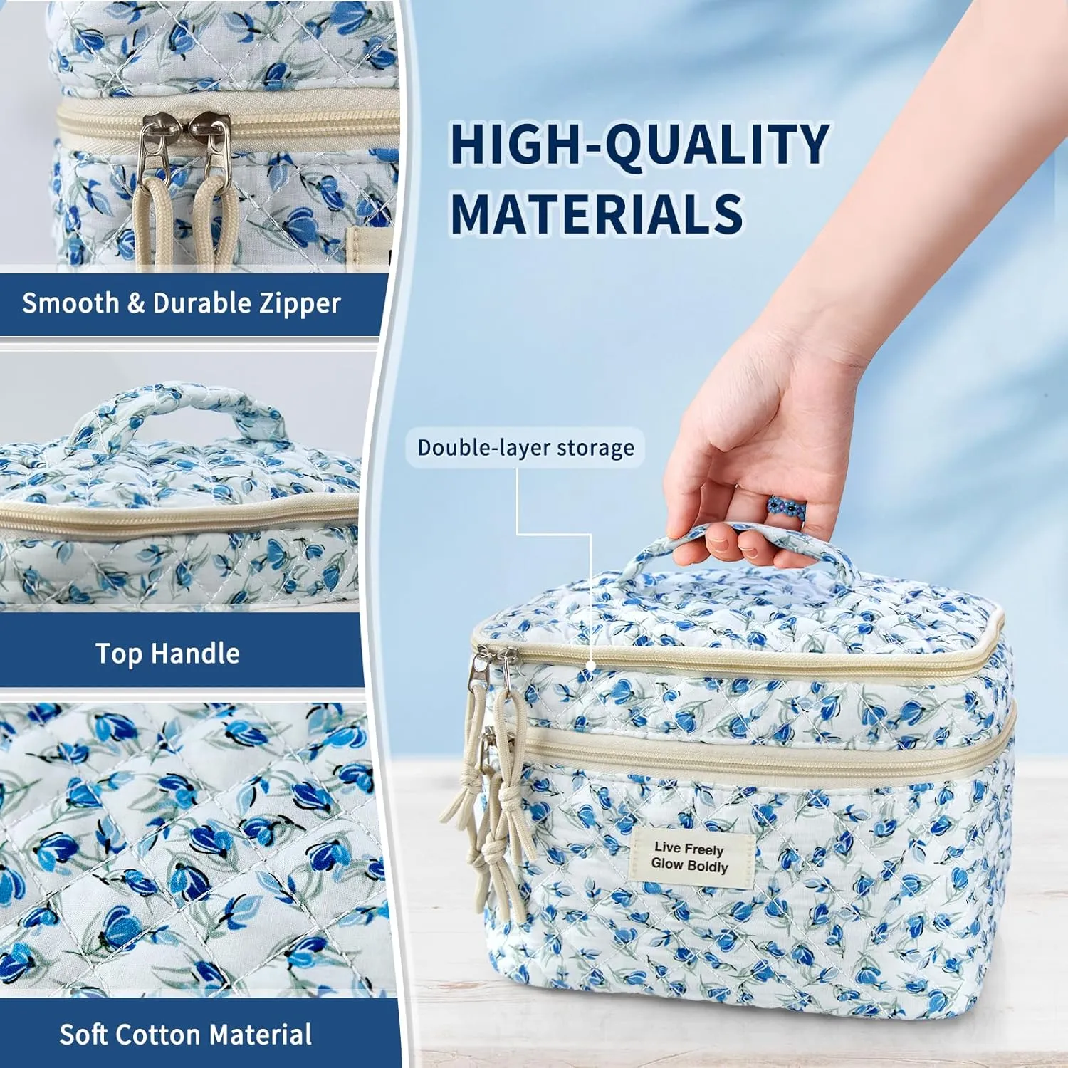 3Pcs Large Travel Quilted Makeup Bag, Double Layer Cute Floral Cotton Toiletry Bag, Aesthetic Flower Cosmetic Bag Coquette Skincare Organizer Bag for Women(Blue Tulip)