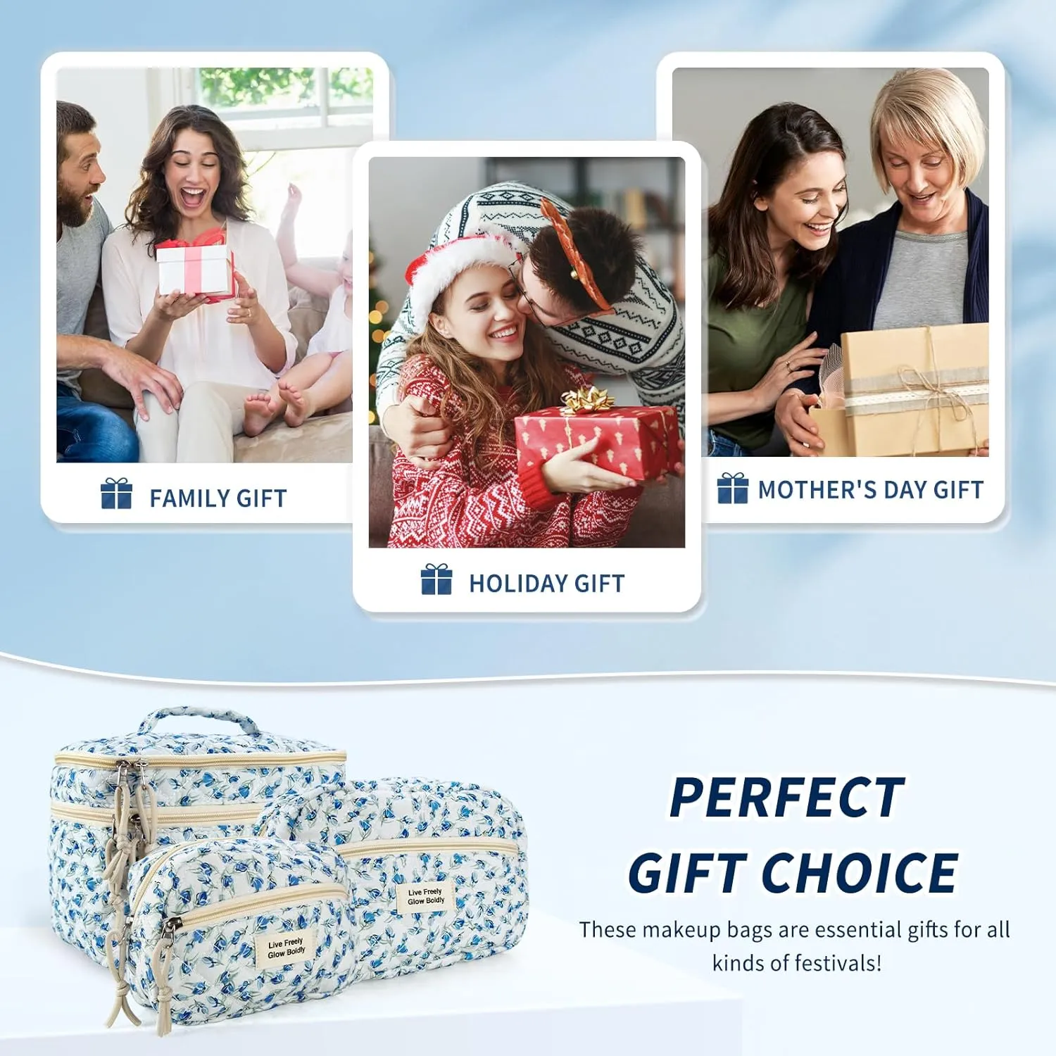 3Pcs Large Travel Quilted Makeup Bag, Double Layer Cute Floral Cotton Toiletry Bag, Aesthetic Flower Cosmetic Bag Coquette Skincare Organizer Bag for Women(Blue Tulip)