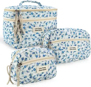 3Pcs Large Travel Quilted Makeup Bag, Double Layer Cute Floral Cotton Toiletry Bag, Aesthetic Flower Cosmetic Bag Coquette Skincare Organizer Bag for Women(Blue Tulip)