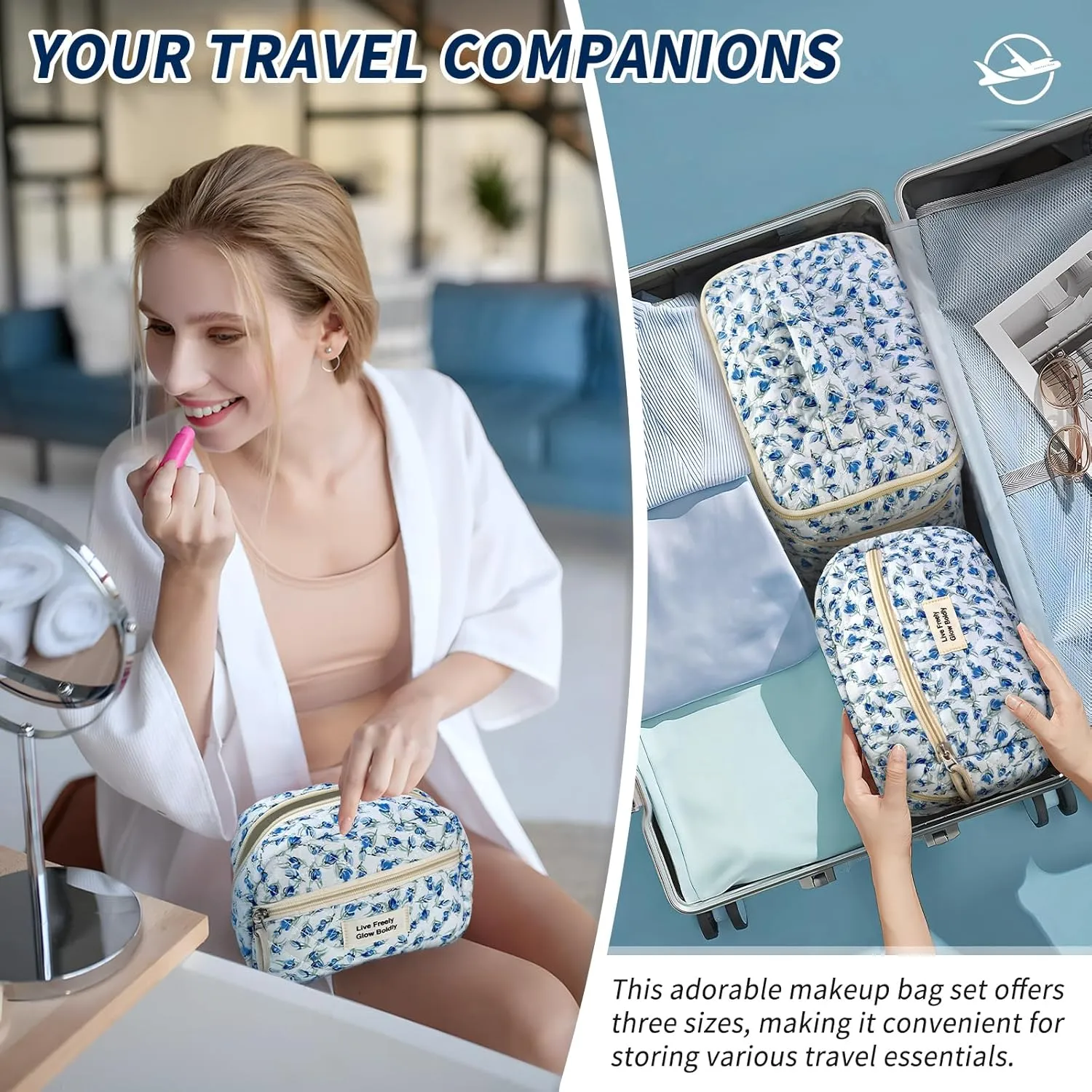 3Pcs Large Travel Quilted Makeup Bag, Double Layer Cute Floral Cotton Toiletry Bag, Aesthetic Flower Cosmetic Bag Coquette Skincare Organizer Bag for Women(Blue Tulip)