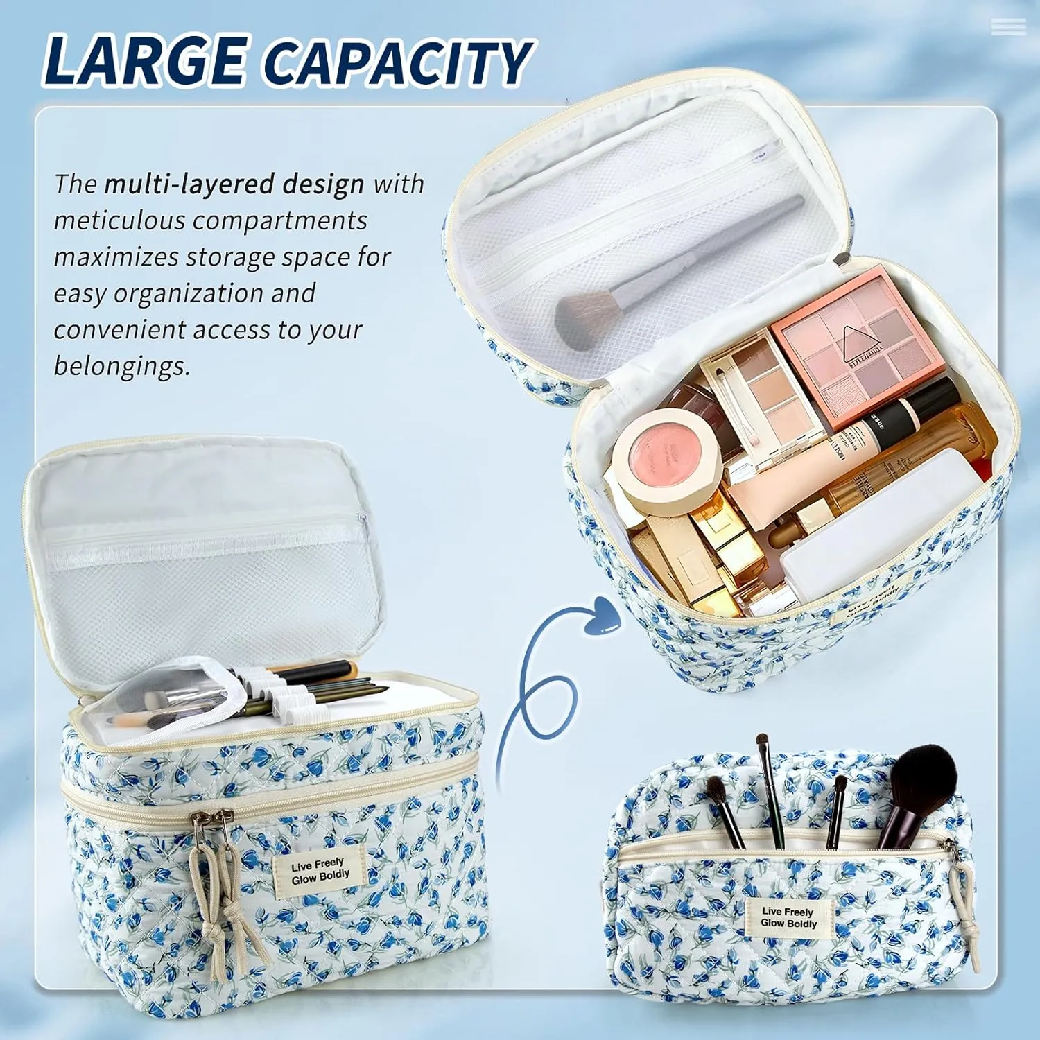 3Pcs Large Travel Quilted Makeup Bag, Double Layer Cute Floral Cotton Toiletry Bag, Aesthetic Flower Cosmetic Bag Coquette Skincare Organizer Bag for Women(Blue Tulip)