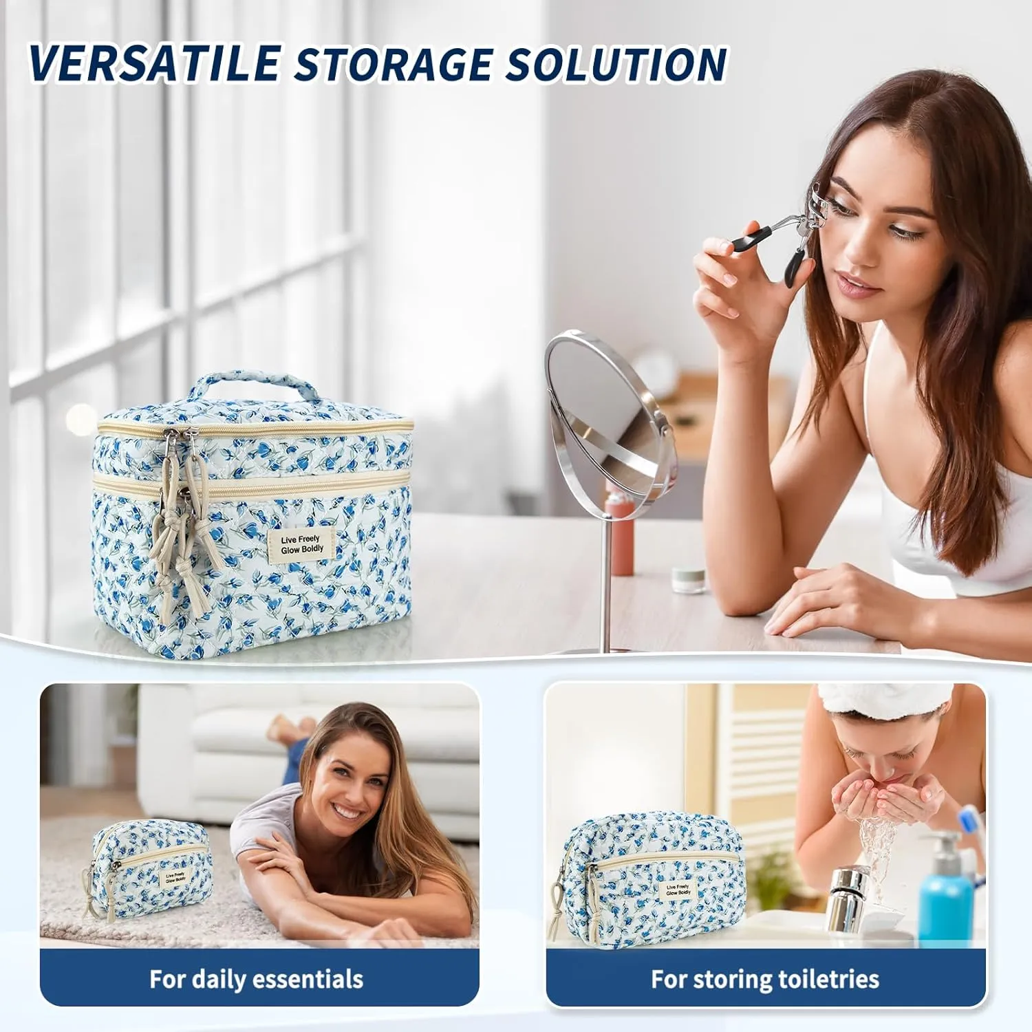 3Pcs Large Travel Quilted Makeup Bag, Double Layer Cute Floral Cotton Toiletry Bag, Aesthetic Flower Cosmetic Bag Coquette Skincare Organizer Bag for Women(Blue Tulip)