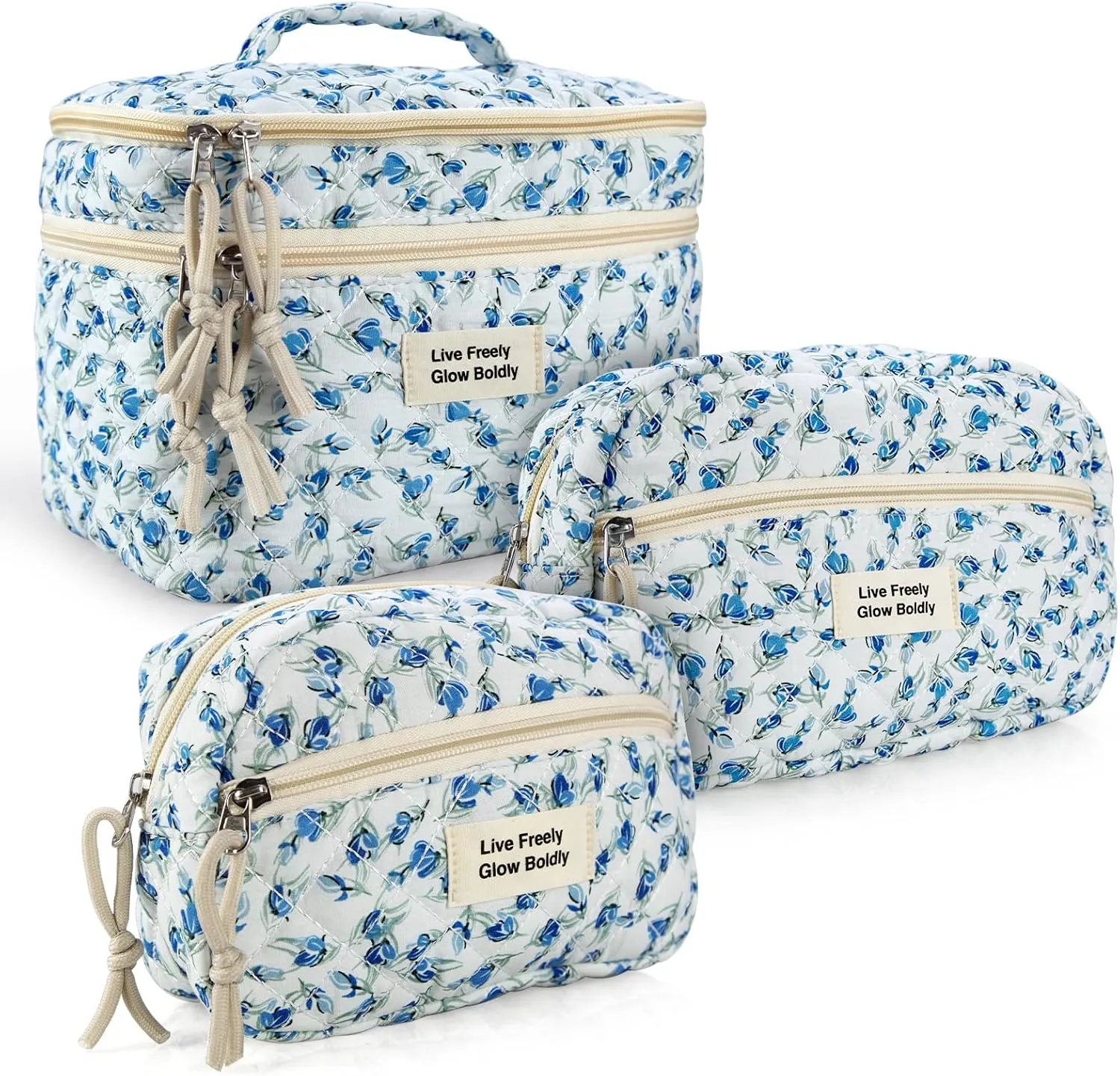 3Pcs Large Travel Quilted Makeup Bag, Double Layer Cute Floral Cotton Toiletry Bag, Aesthetic Flower Cosmetic Bag Coquette Skincare Organizer Bag for Women(Blue Tulip)