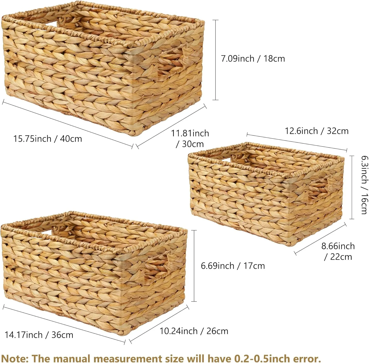 3PCS Wicker Storage Basket, Hyacinth Storage Baskets for Organizing, Large Wicker Baskets for Storage, Woven Basket for Bedroom, Living Room(Large Medium Small)