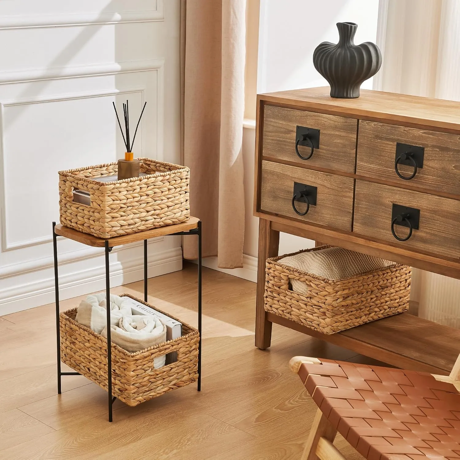 3PCS Wicker Storage Basket, Hyacinth Storage Baskets for Organizing, Large Wicker Baskets for Storage, Woven Basket for Bedroom, Living Room(Large Medium Small)