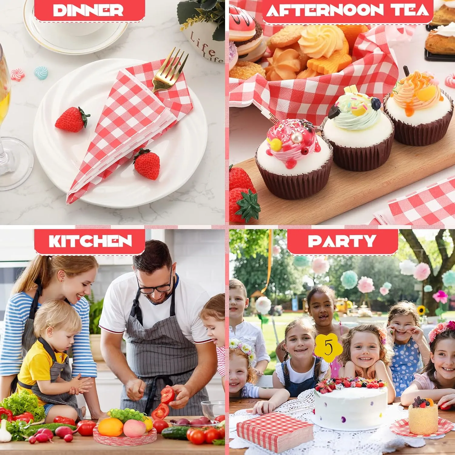 400 Pcs Red Gingham Party Supplies 100 9 Inch Plates 100 7 Inch Plate 200 Disposable Paper Luncheon Napkins Red and White Checkered Gingham Dinner for BBQ Picnic Birthday Party