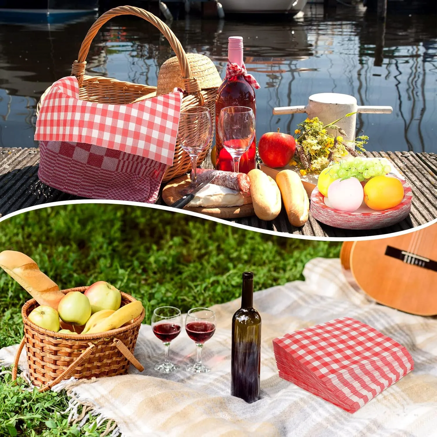 400 Pcs Red Gingham Party Supplies 100 9 Inch Plates 100 7 Inch Plate 200 Disposable Paper Luncheon Napkins Red and White Checkered Gingham Dinner for BBQ Picnic Birthday Party