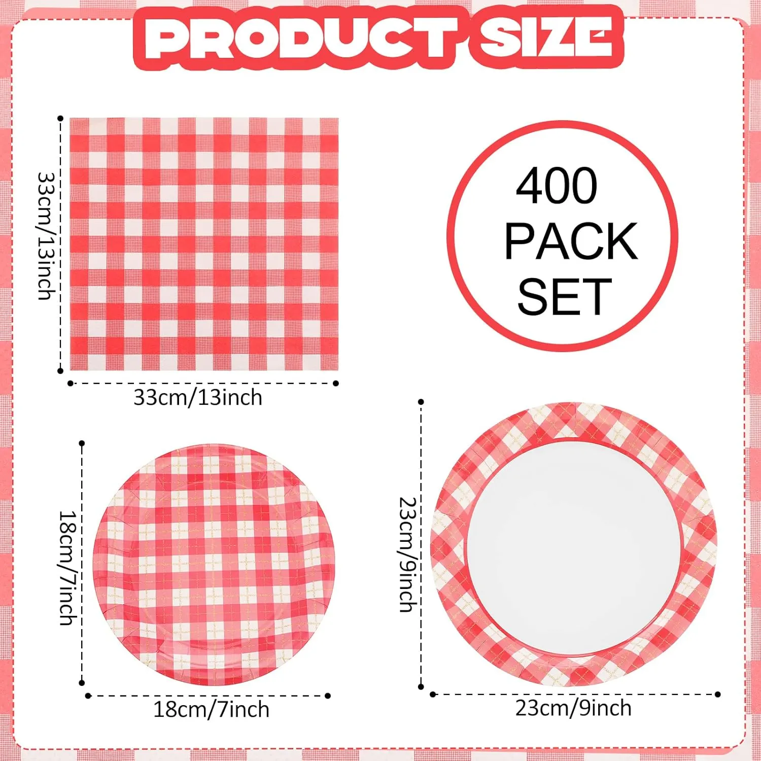 400 Pcs Red Gingham Party Supplies 100 9 Inch Plates 100 7 Inch Plate 200 Disposable Paper Luncheon Napkins Red and White Checkered Gingham Dinner for BBQ Picnic Birthday Party
