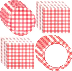 400 Pcs Red Gingham Party Supplies 100 9 Inch Plates 100 7 Inch Plate 200 Disposable Paper Luncheon Napkins Red and White Checkered Gingham Dinner for BBQ Picnic Birthday Party
