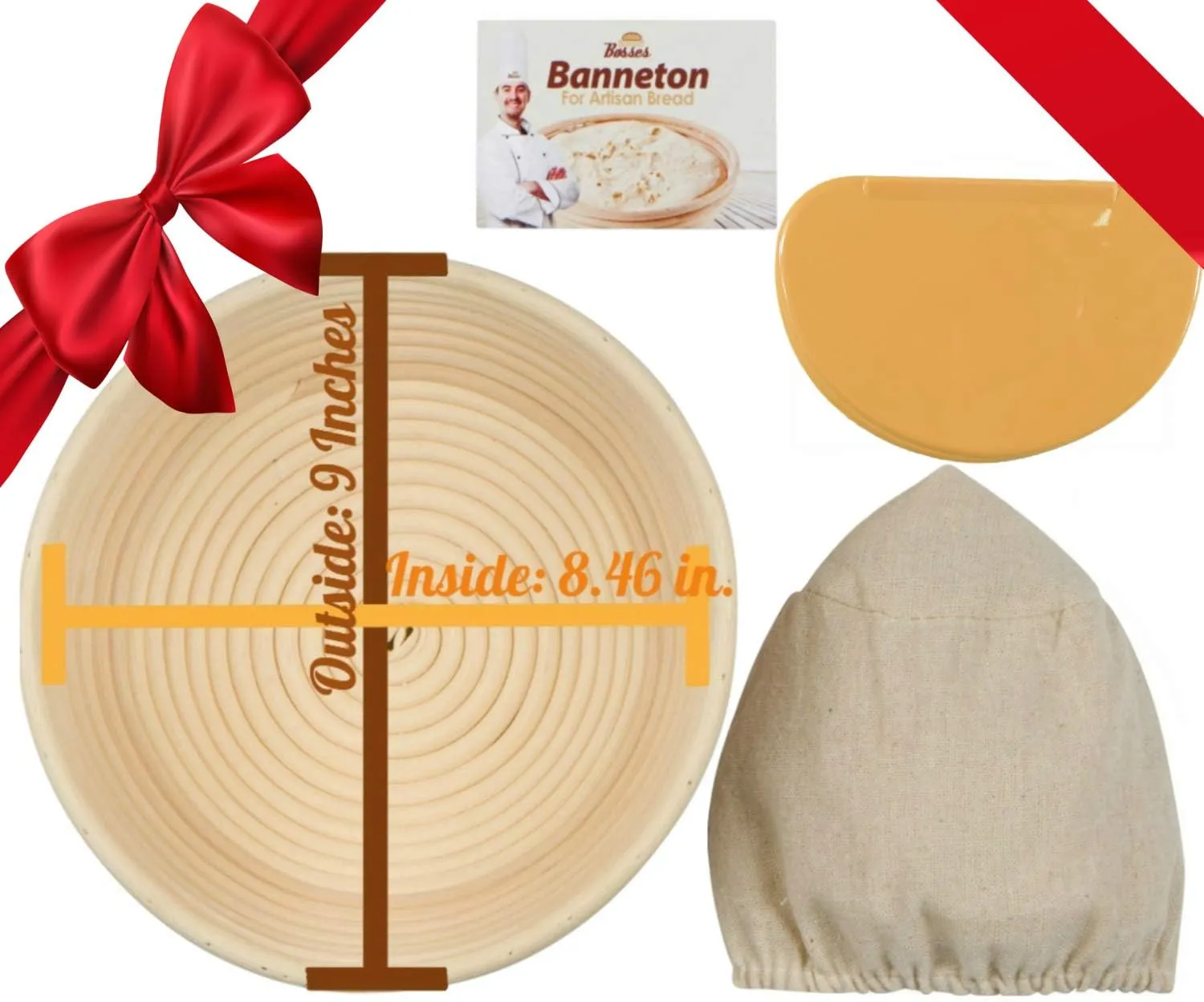 9 Inch Bread Banneton Proofing Basket - Baking Bowl Dough Gifts for Bakers Proving Baskets for Sourdough Bread Scraper Tool Starter Proofing