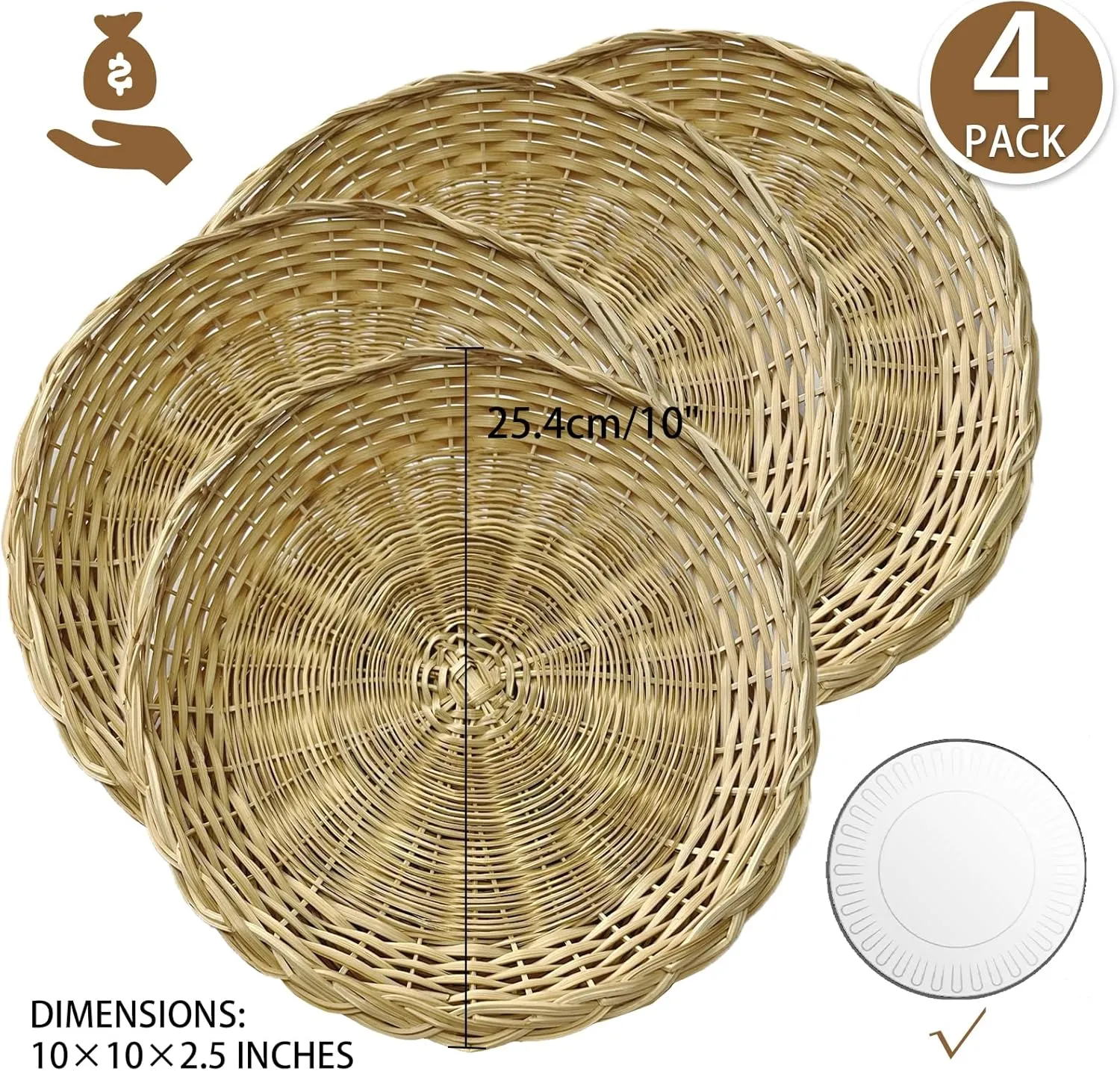 9.5inch 4PCS Handmade Wicker Paper Plate Holder Set of 4 Heavy Duty Bamboo Paper Plate Holders Reuseable For Home Party Daily Dinning Picnic as Wall Decoration 4 PCS