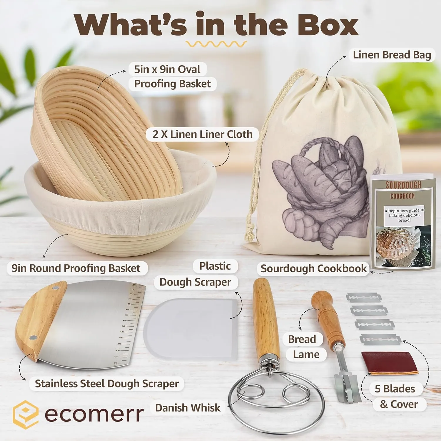 9" Banneton Bread Proofing Basket Set of 2 – Round & Oval Rattan, Sourdough Starter Kit, Includes Lame, Dough Scrapers, Linen Liner Cloth, Dough Whisk, Bread Bag