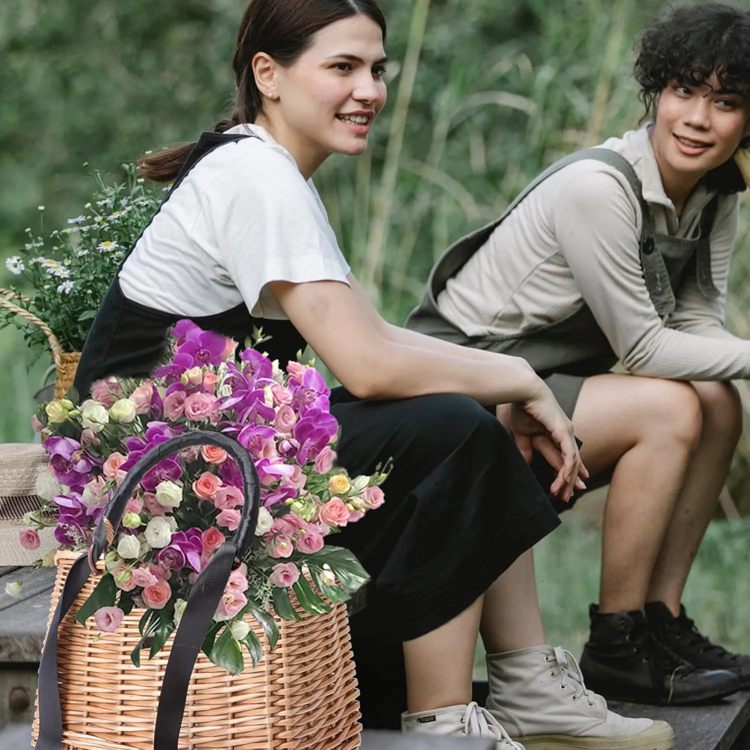 ABOOFAN Natural Handwoven Wicker Handbag,Rectangular Basket Purse Women Straw Tote Boho Style Beach Bag Flower Basket Summer Clutch Rattan Woven Purse Crochet Tote Black