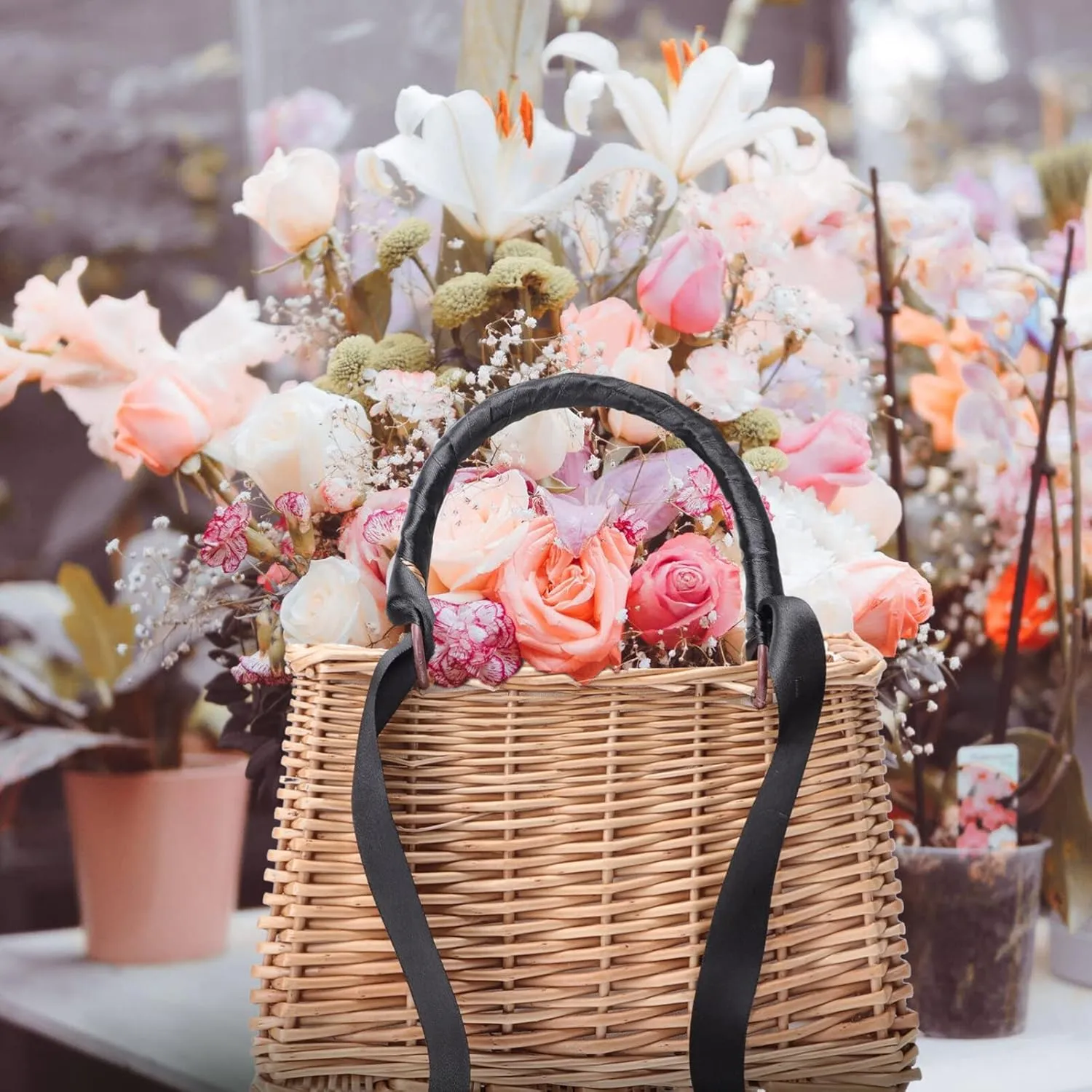 ABOOFAN Natural Handwoven Wicker Handbag,Rectangular Basket Purse Women Straw Tote Boho Style Beach Bag Flower Basket Summer Clutch Rattan Woven Purse Crochet Tote Black