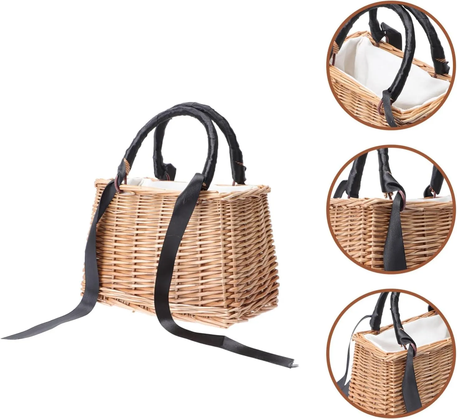 ABOOFAN Natural Handwoven Wicker Handbag,Rectangular Basket Purse Women Straw Tote Boho Style Beach Bag Flower Basket Summer Clutch Rattan Woven Purse Crochet Tote Black