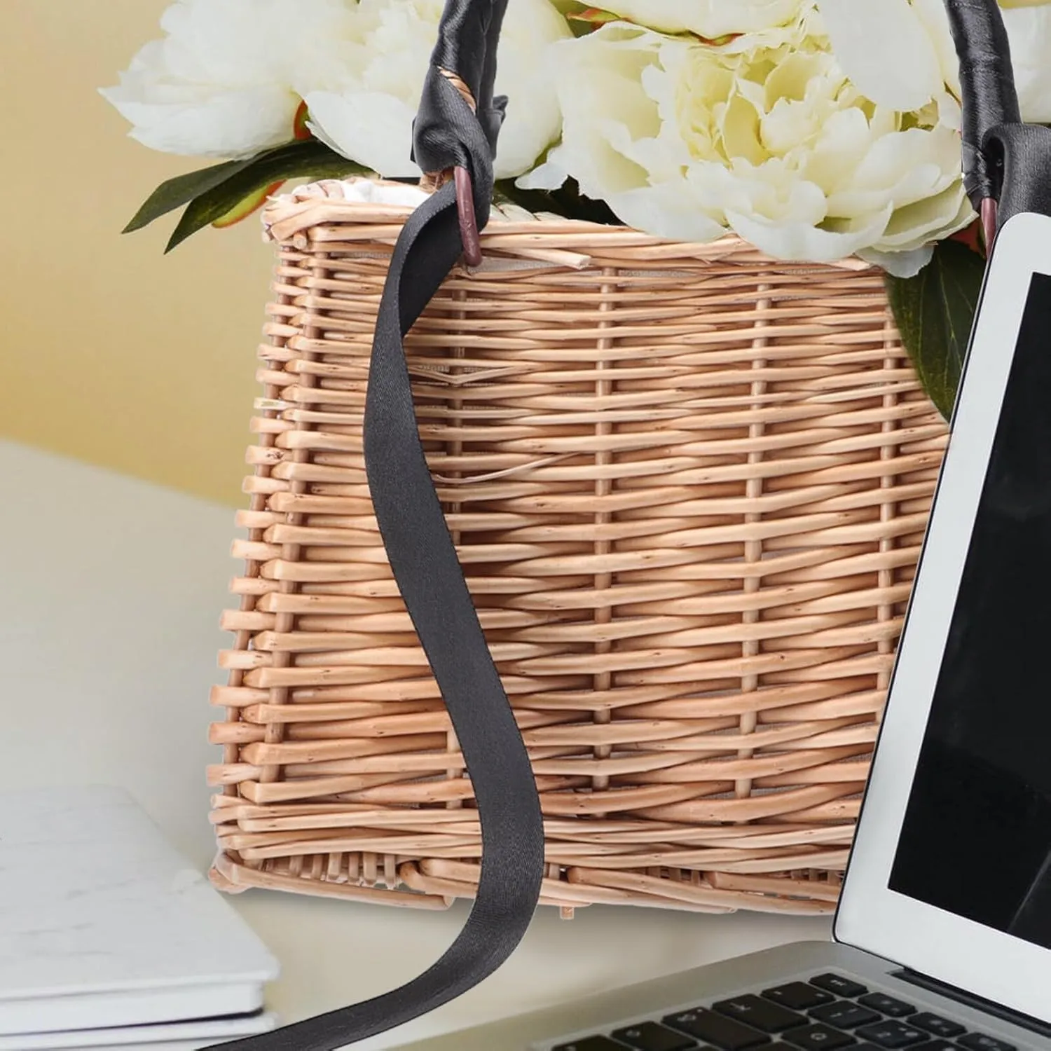 ABOOFAN Natural Handwoven Wicker Handbag,Rectangular Basket Purse Women Straw Tote Boho Style Beach Bag Flower Basket Summer Clutch Rattan Woven Purse Crochet Tote Black