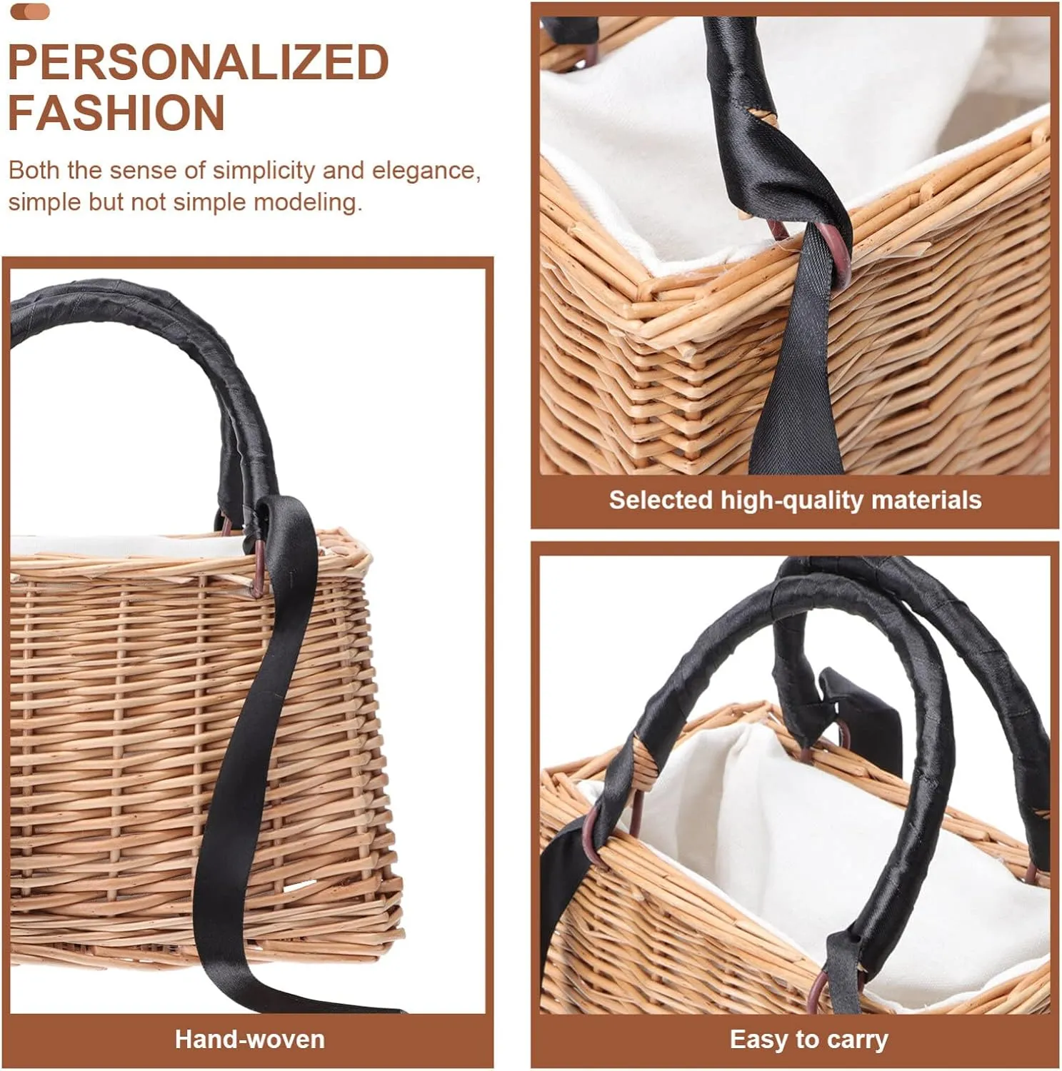 ABOOFAN Natural Handwoven Wicker Handbag,Rectangular Basket Purse Women Straw Tote Boho Style Beach Bag Flower Basket Summer Clutch Rattan Woven Purse Crochet Tote Black