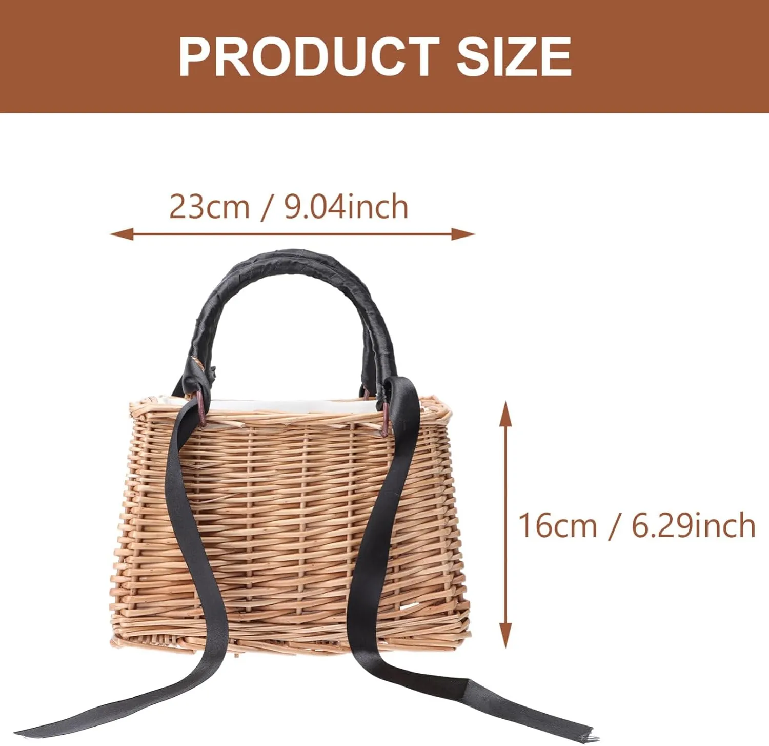 ABOOFAN Natural Handwoven Wicker Handbag,Rectangular Basket Purse Women Straw Tote Boho Style Beach Bag Flower Basket Summer Clutch Rattan Woven Purse Crochet Tote Black