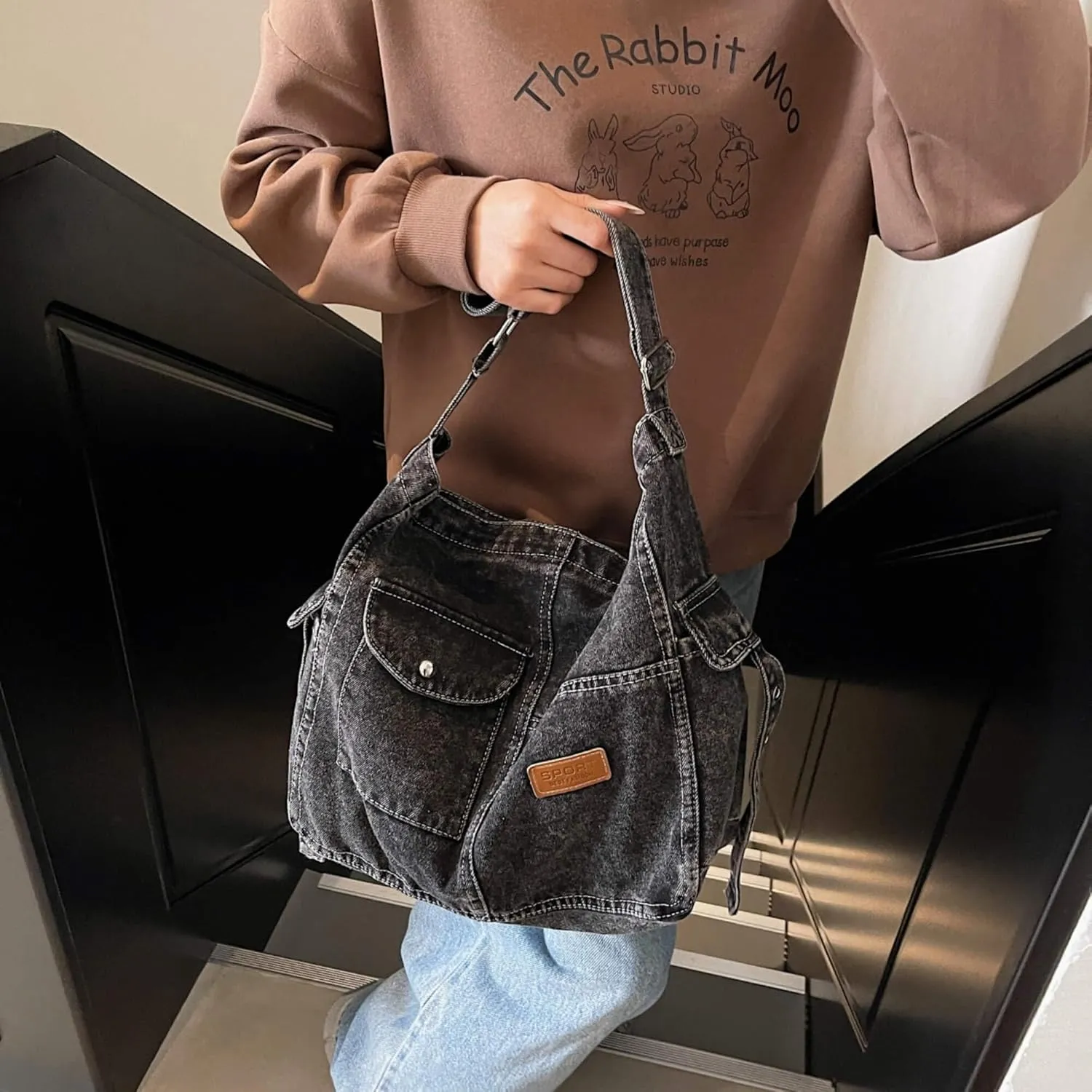 Adjustable Denim Crossbody Bag for Women, Multi Pocket Hobo Purse, Lightweight Shoulder Bag for Daily Use Travel