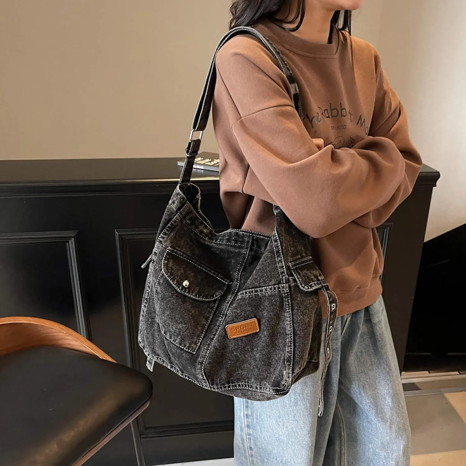 Adjustable Denim Crossbody Bag for Women, Multi Pocket Hobo Purse, Lightweight Shoulder Bag for Daily Use Travel