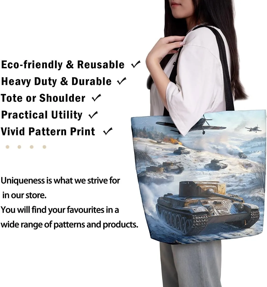Aircraft Tank Canvas Tote Bag,Military Theme for Shopping Gym,Large Capacity Shoulder Handbags