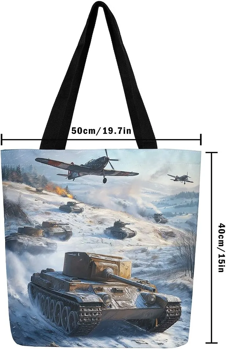 Aircraft Tank Canvas Tote Bag,Military Theme for Shopping Gym,Large Capacity Shoulder Handbags