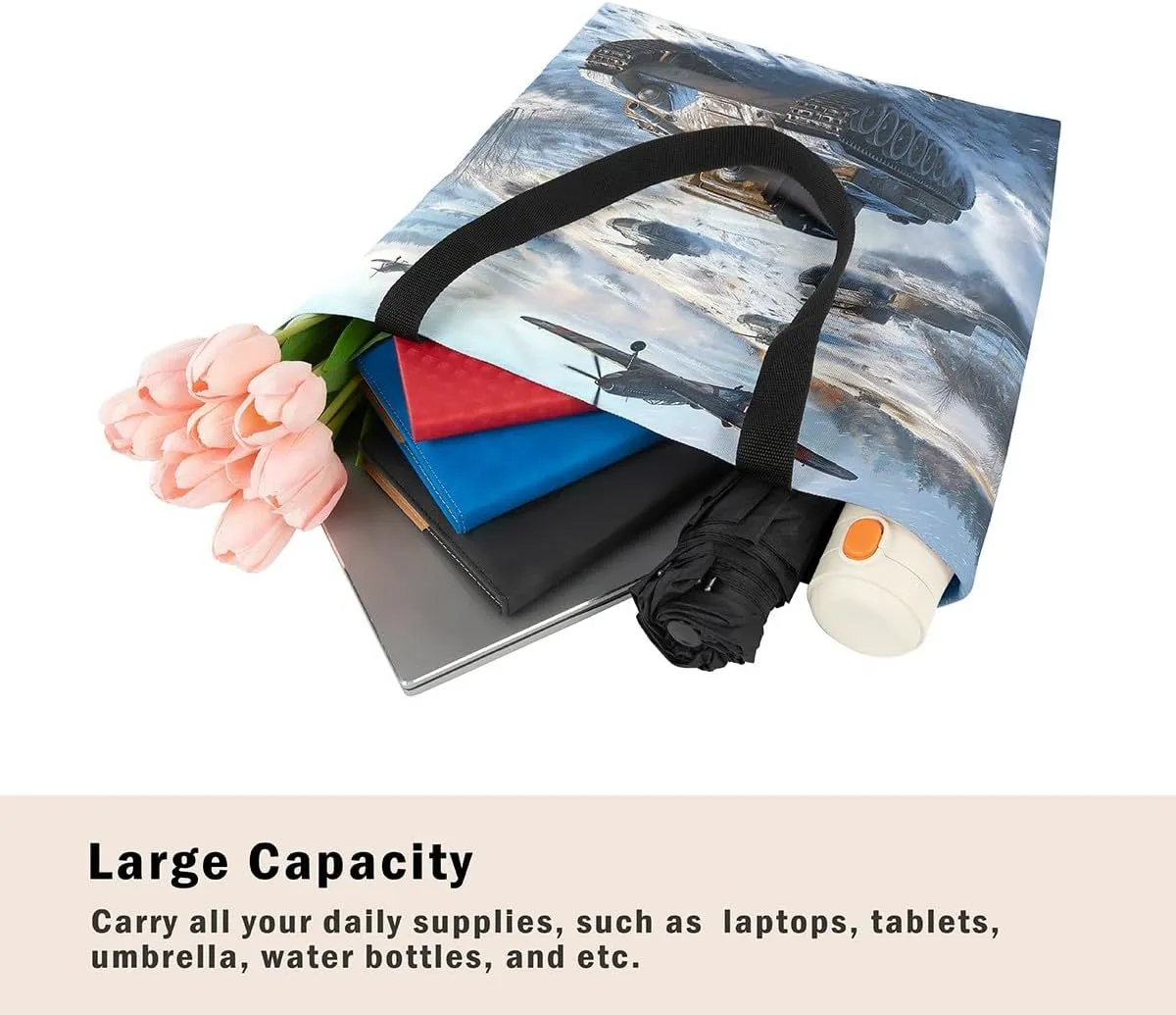 Aircraft Tank Canvas Tote Bag,Military Theme for Shopping Gym,Large Capacity Shoulder Handbags