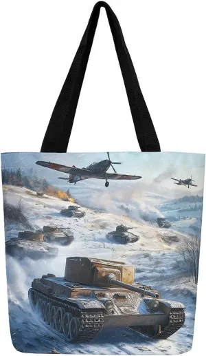 Aircraft Tank Canvas Tote Bag,Military Theme for Shopping Gym,Large Capacity Shoulder Handbags