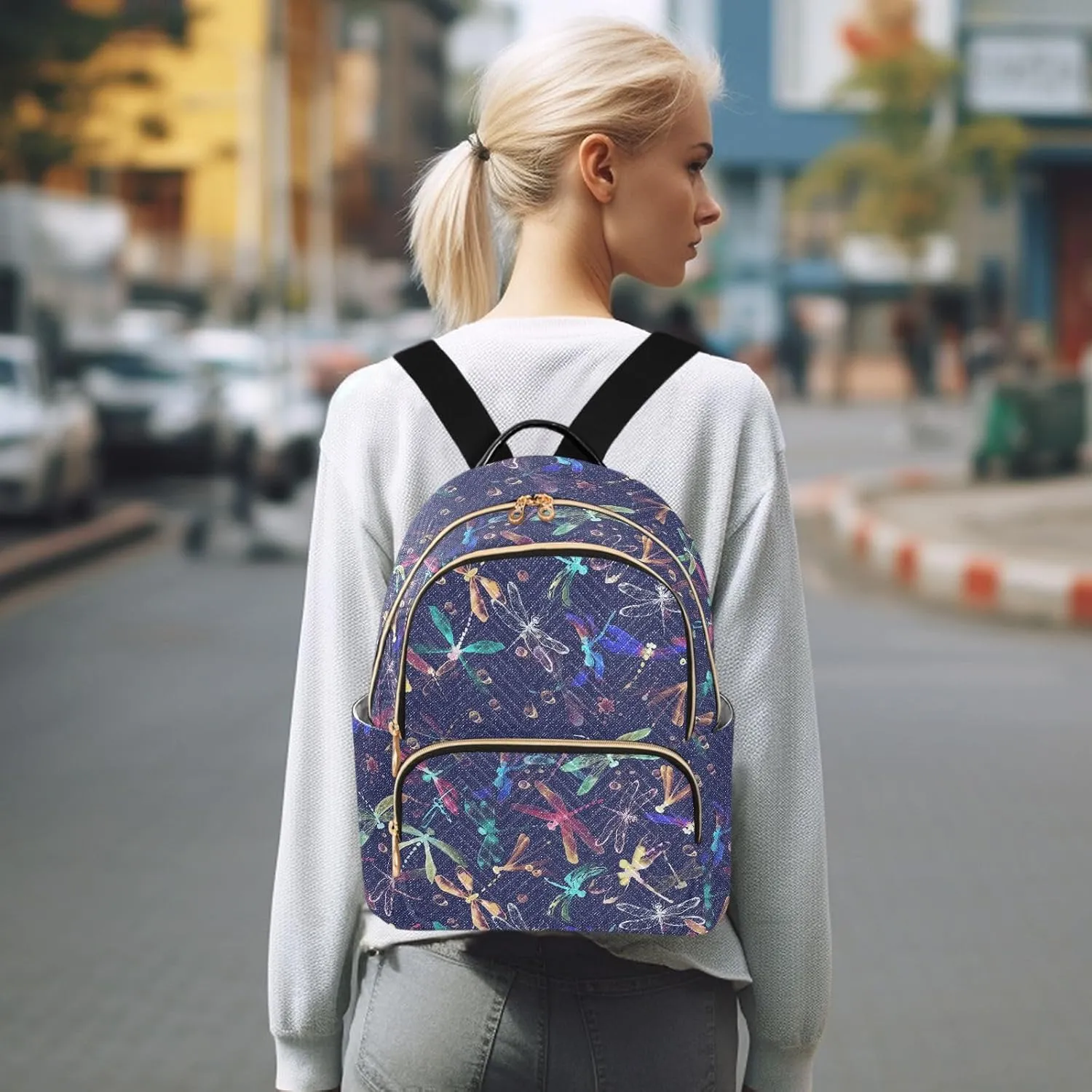 ALAZA Mini Backpack for Women, Dragonflies and Water Droplets Travel Backpack Purse for Ladies, Small Bookbag Daypack Shoulder Bag M