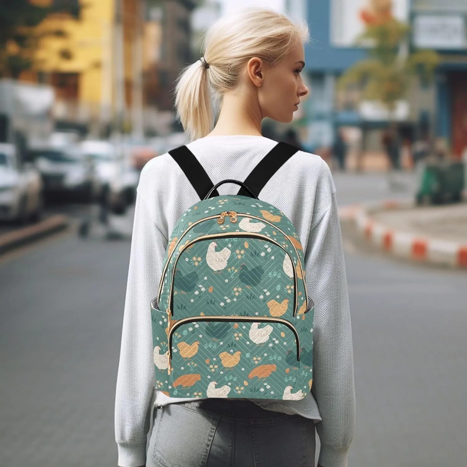 ALAZA Mini Backpack for Women, Green Chicken Flowers Travel Backpack Purse for Ladies, Small Bookbag Daypack Shoulder Bag M