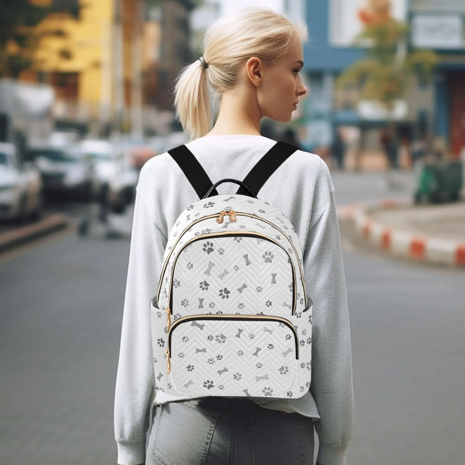 ALAZA Mini Backpack for Women, Grey Dog Paw Bone Travel Backpack Purse for Ladies, Small Bookbag Daypack Shoulder Bag S