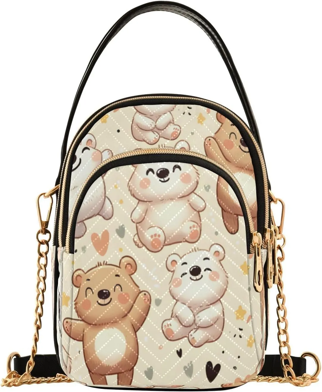ALAZA Quilted Crossbody Bags for Women,Cute Happy Bear Illustration Material Pattern Women's Crossbody Handbags Small Travel Purses Phone Bag