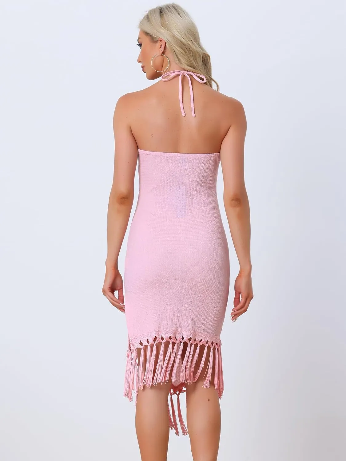 Allegra K Vacation Dresses for Women's Summer Halter Asymmetrical Fringe Hem Sleeveless Beach Bodycon Midi Dress