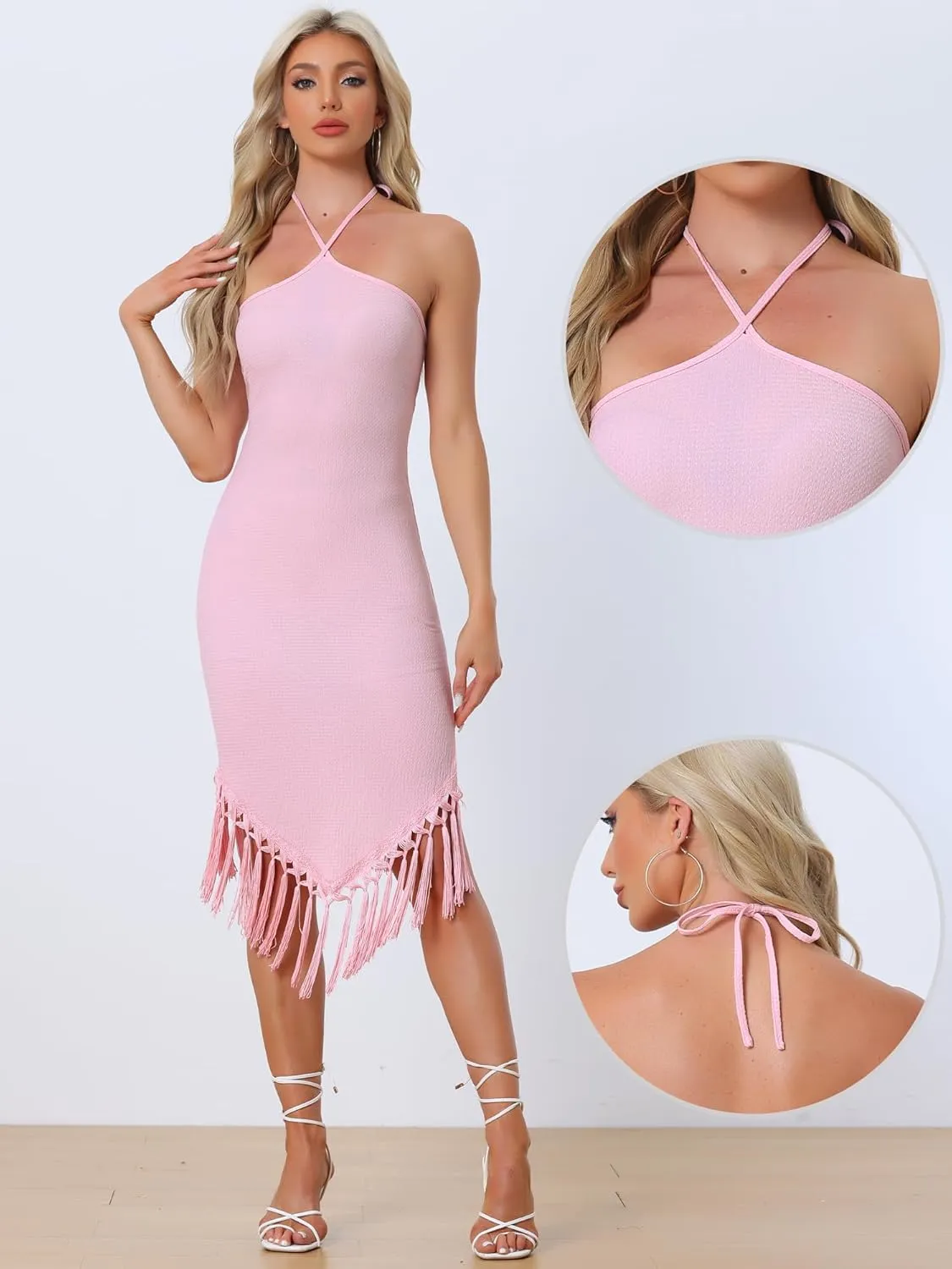 Allegra K Vacation Dresses for Women's Summer Halter Asymmetrical Fringe Hem Sleeveless Beach Bodycon Midi Dress