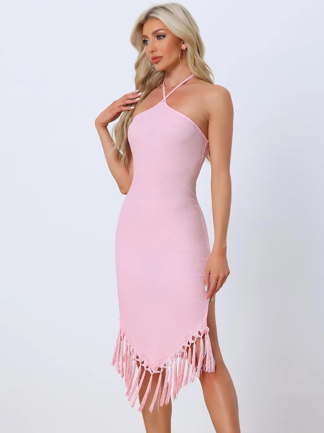 Allegra K Vacation Dresses for Women's Summer Halter Asymmetrical Fringe Hem Sleeveless Beach Bodycon Midi Dress